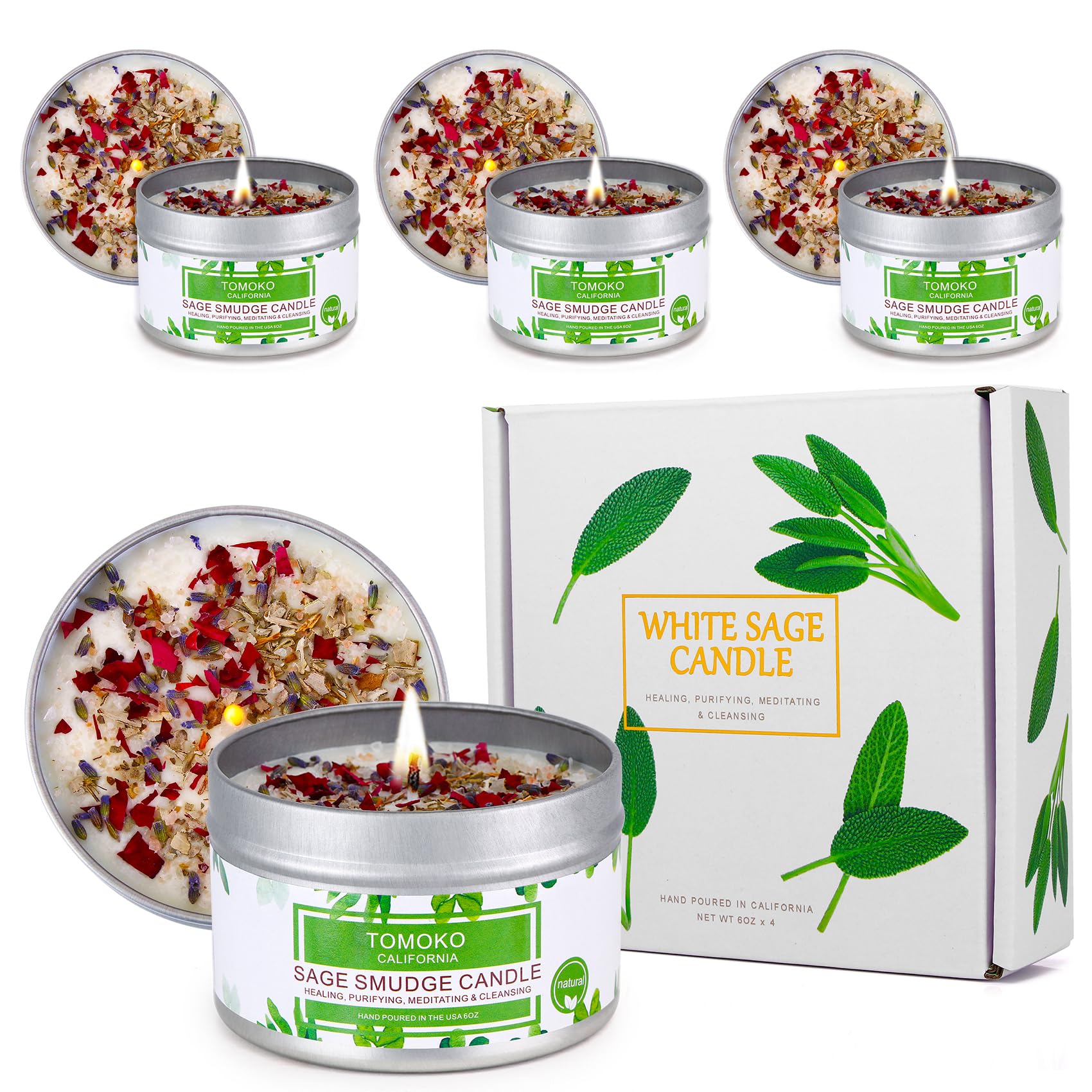 White Sage Candle 4 Pack, 220 Hours Burn Time, Sage Leaf, Rose, Lavender, Himalayan Salt & Essential Oil