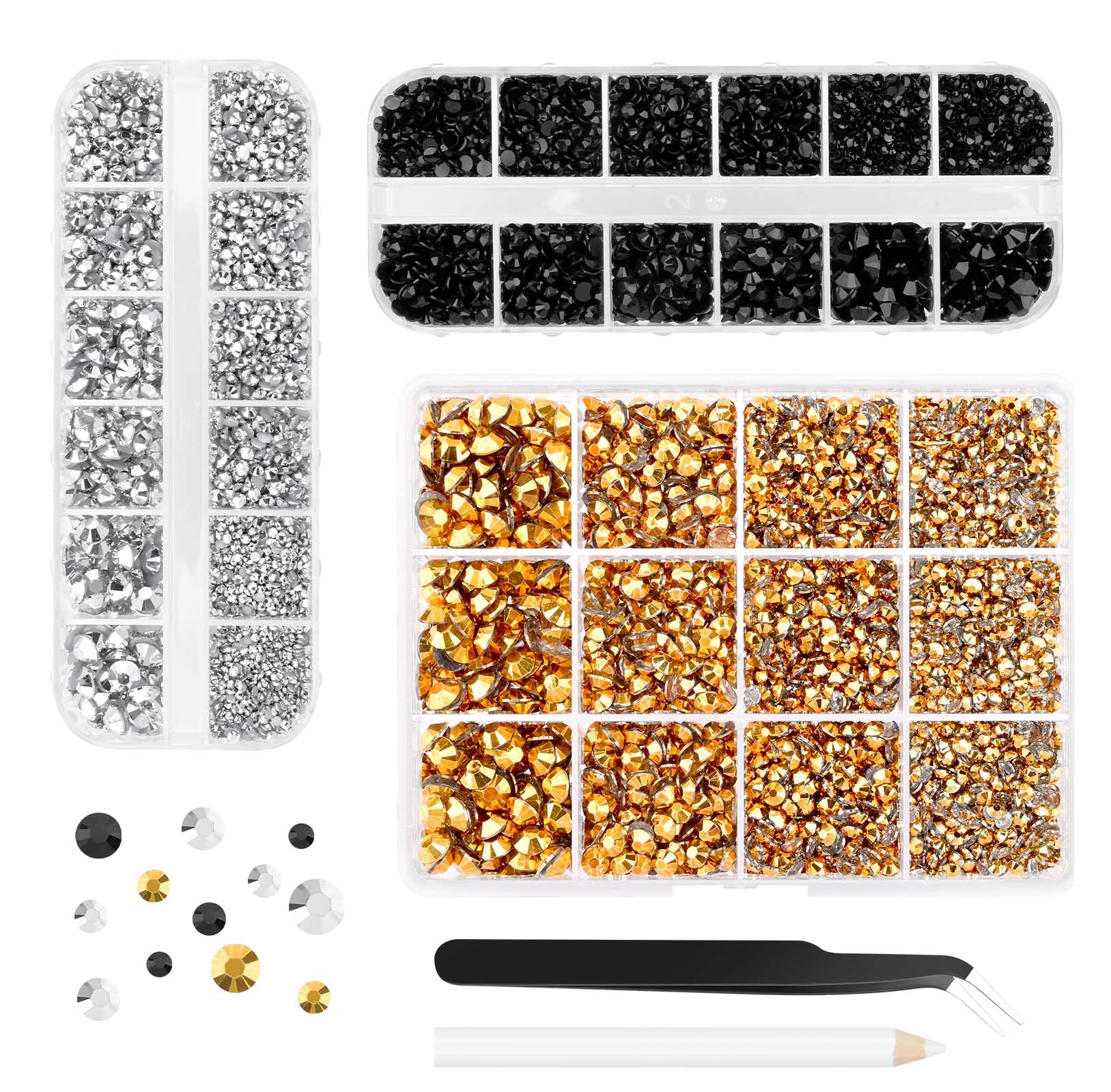 Morcheiong 17000Pcs Resin Rhinestones Gold Silver Black Flatback Crystals Diamond Includes Tweezers and Pickup Pen Suitable for Crafting DIY Nail Art Makeup Wedding Dress Clothing Mug