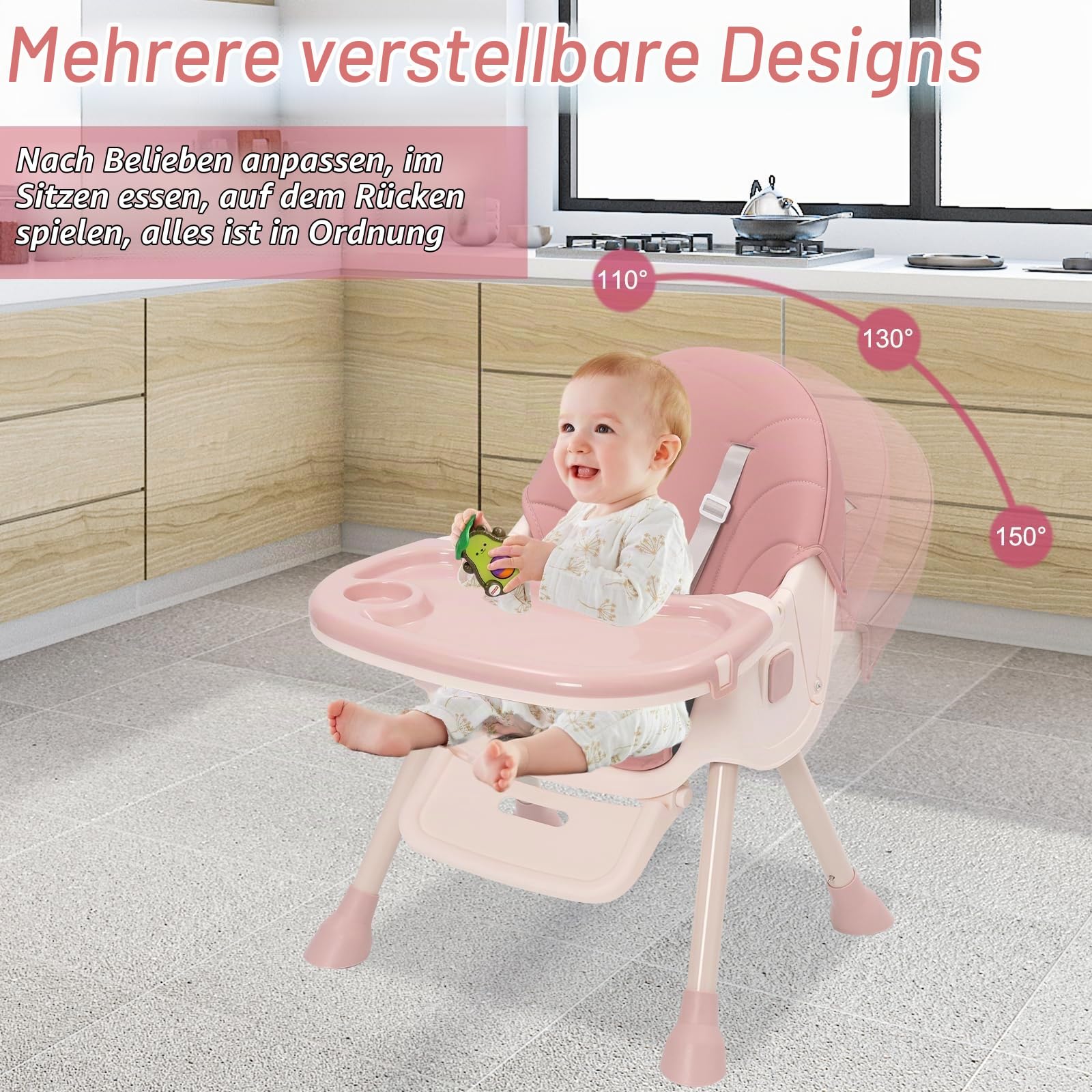 Hochstuhl Baby 3 in 1 Babystuhl Kinderhochstuhl Verstellbar Klappbar Kinderstuhl mit Doppellagigem Abnehmbares Essteller, 3 Position Rückenlehne, 5-Punkt-Sicherheitsgurt, Mitwachsend ab 6 Monate, Rosa