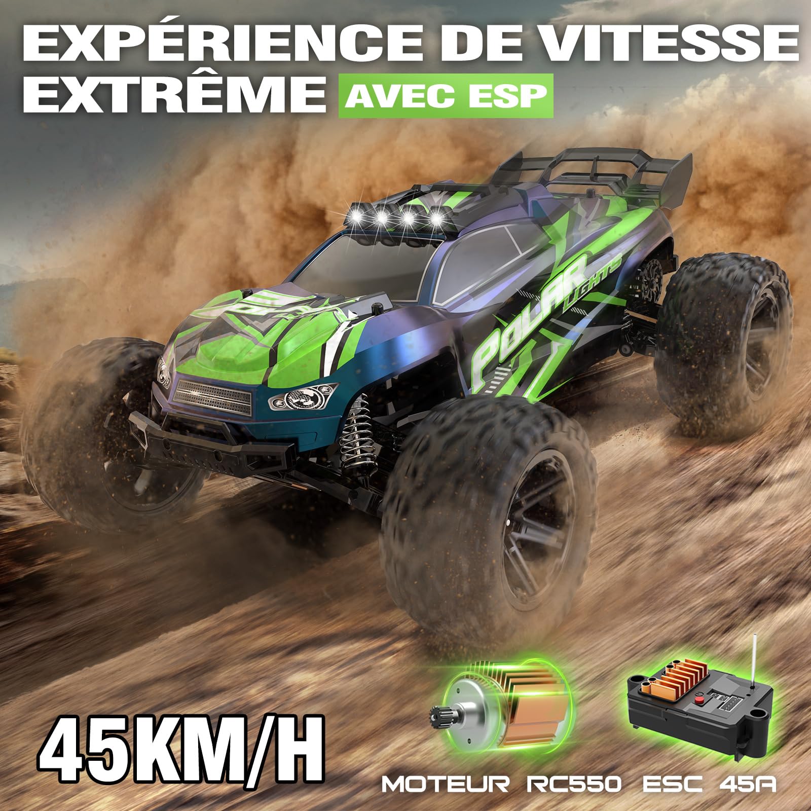 Voiture Télécommandée Adulte Grande Échelle 1:10 46 cm, RC Truck 2WD RWD Électrique 45 km/h avec 2 Batteries 2600mAh, Voiture Radiocommandée Tout Terrain pour Enfants et Adultes
