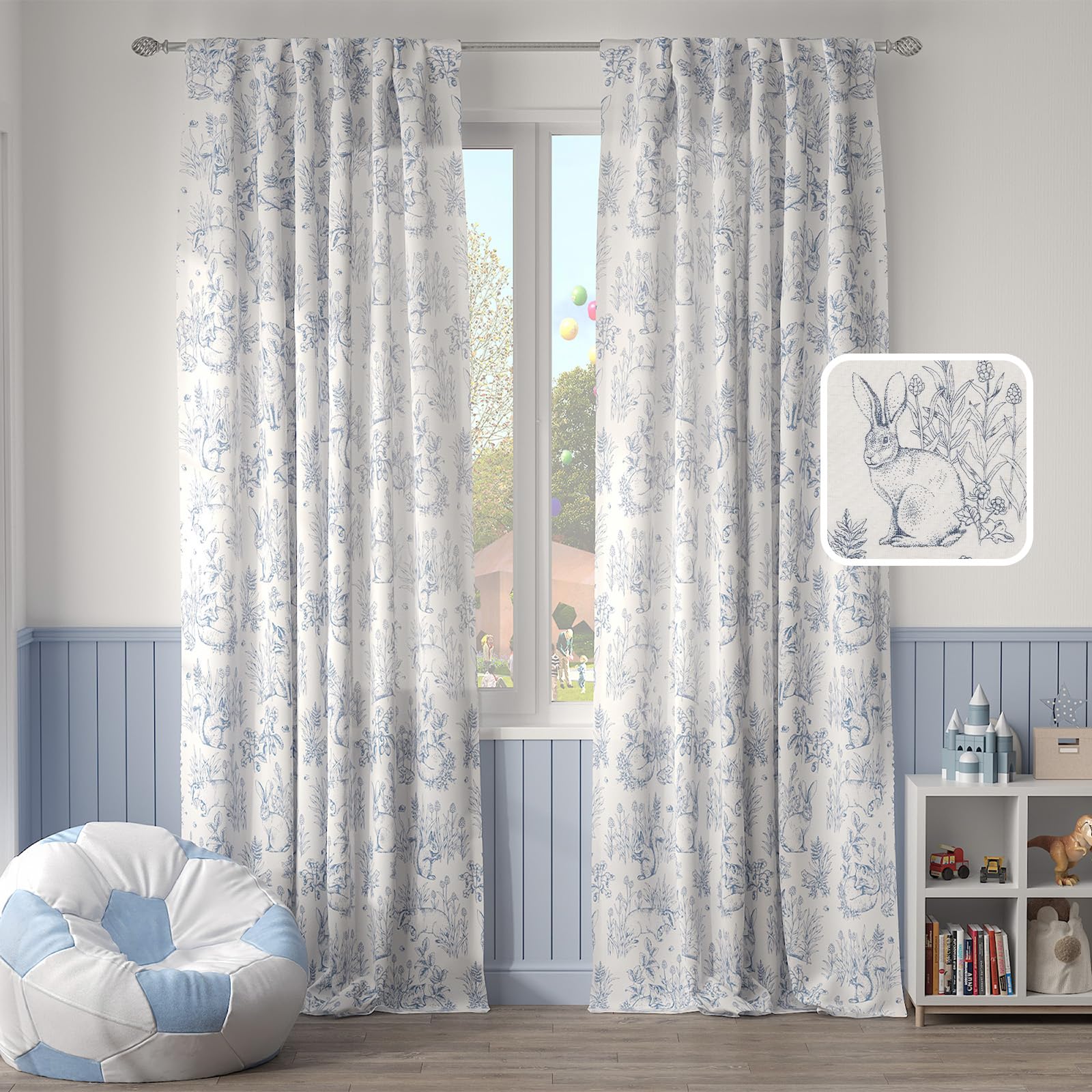 jinchan Linen Curtains for Bedroom 84 Inch Long Farmhouse Easter Blue Curtains French Country Toile Curtains Animal Printed Drapes Light Filtering Kids Window Curtain Set, 2 Panels