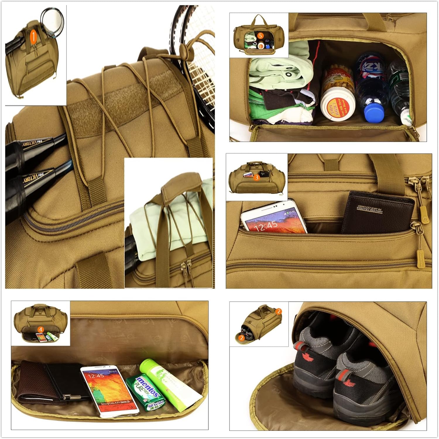 UNISTRENGH 3-Ways Tactical Military Nylon Men Holdall Weekend Travel Duffel Bag Backpack Messenger Shoulder Bags Rucksack Handbag (Coyote-45L)