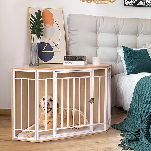 MEWOO Mueble esquinero para perros con cojín, mesa auxiliar de madera para perrera, caseta para perros, jaula para mascotas para uso en interiores,