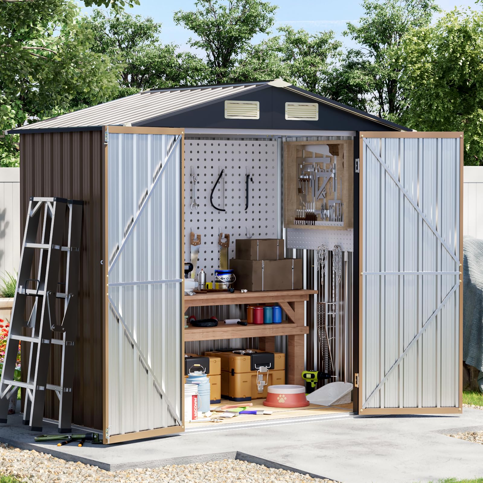 4 x 6 FT Storage Shed with Floor Frame for Backyard, Brown