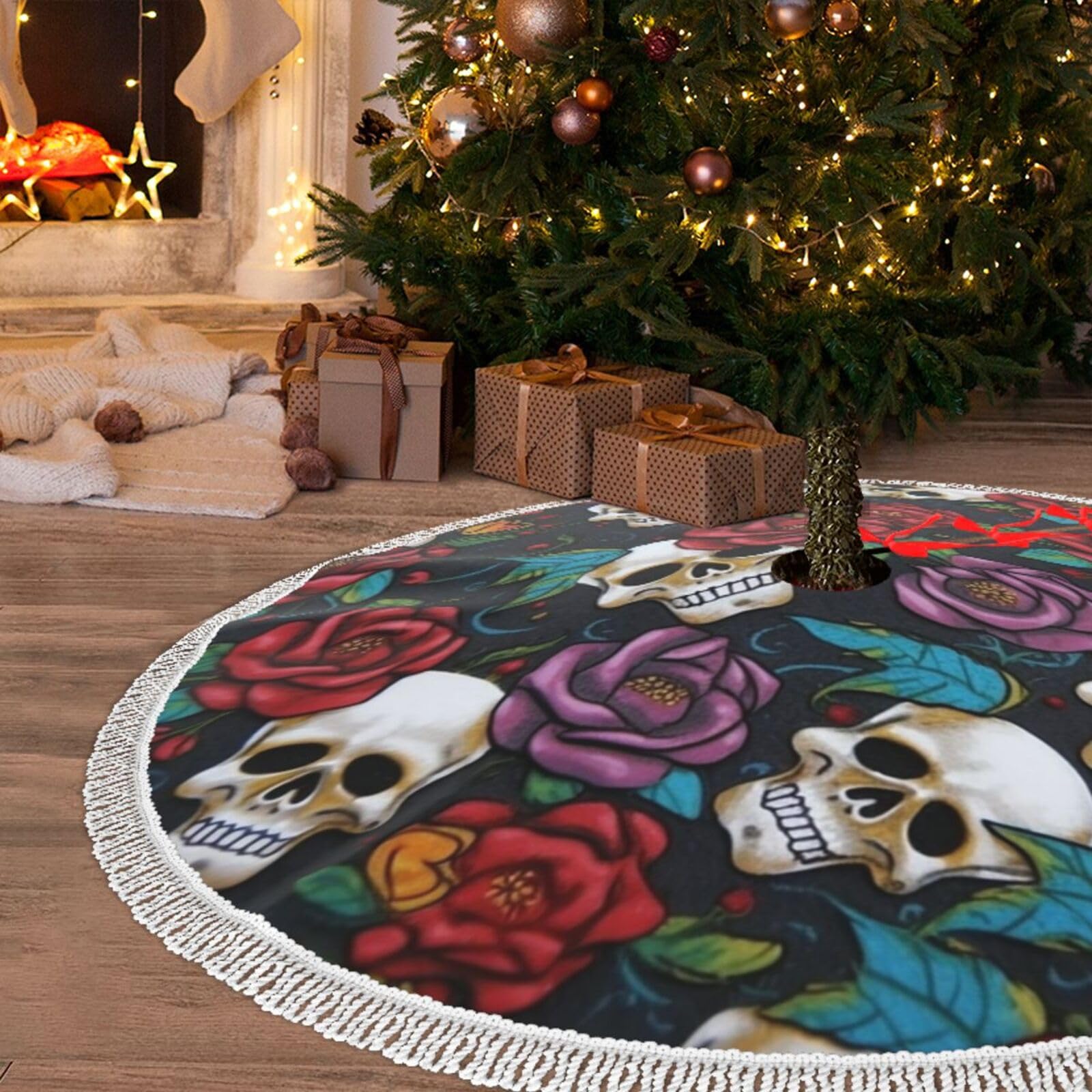 Jupe de sapin de Noël tête de mort tapis de 122 cm avec pompons festifs