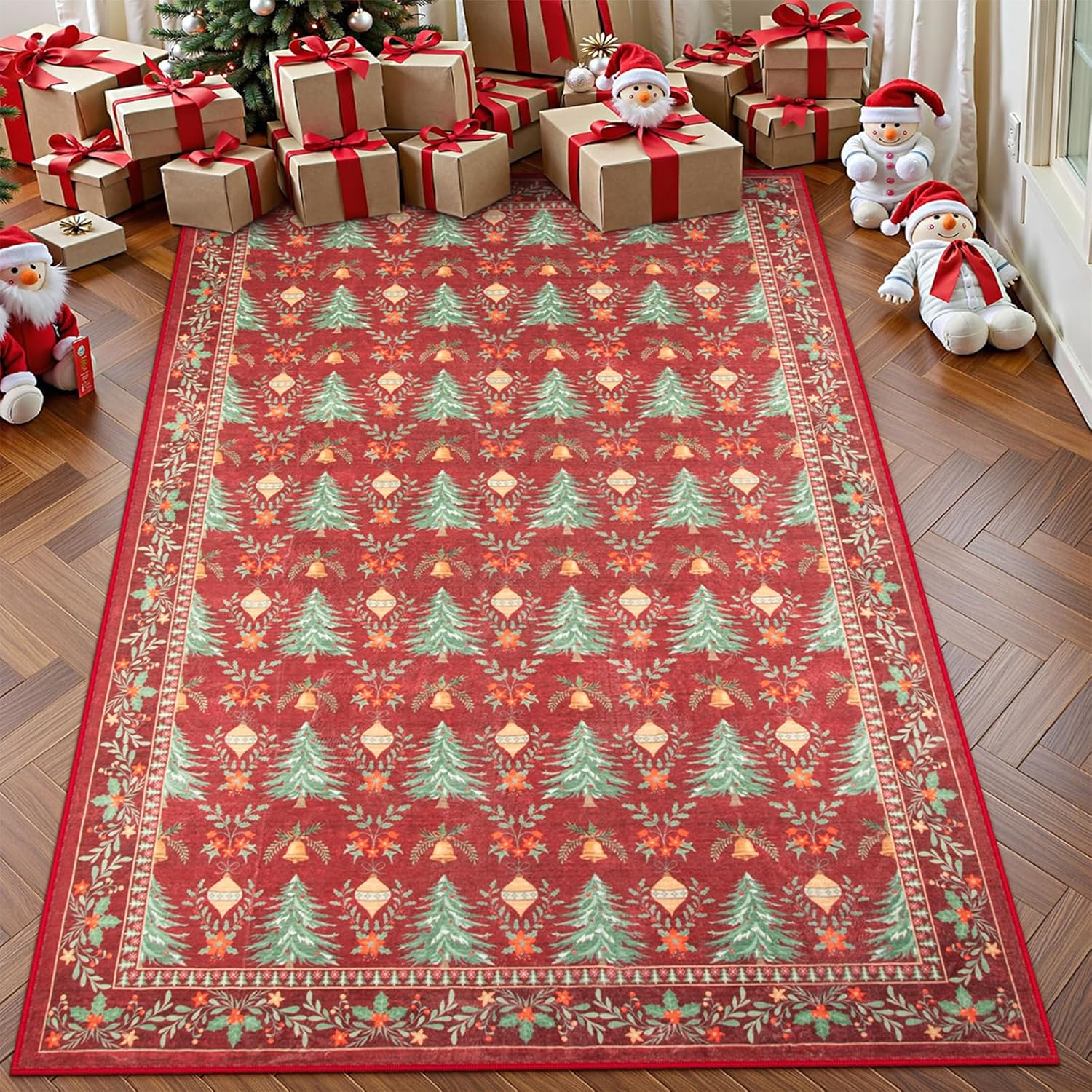 Christmas Washable 3x5 Rug, Non Slip Red Entryway Rugs