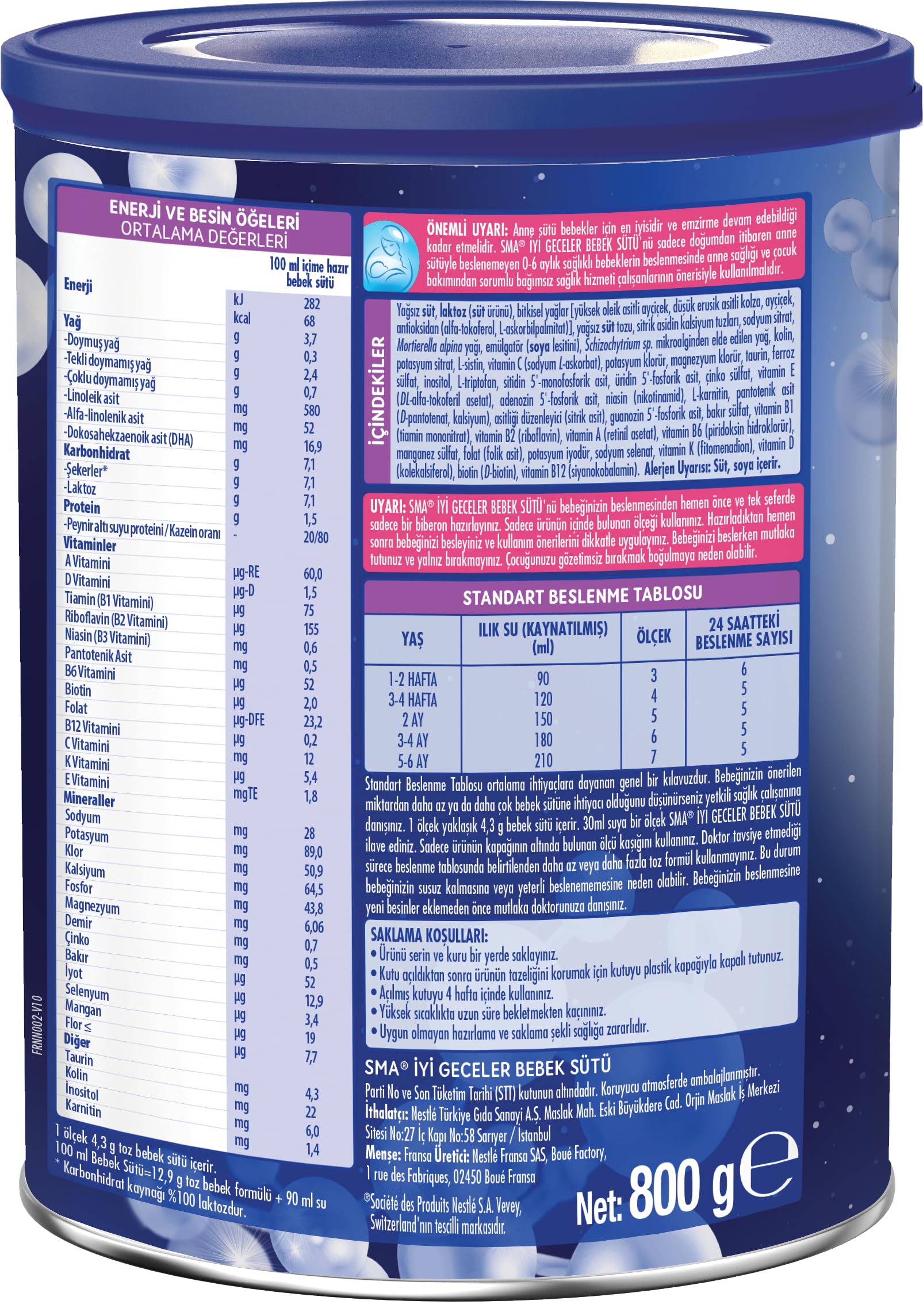 SMA İyi Geceler Bebek Sütü 0-12 Ay 800g