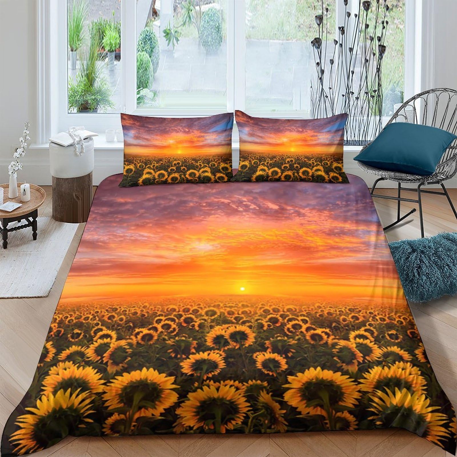 Ctjqhvkz Style-1 3D Printed Sunflower Sunset Fitted Sheet Microfiber Anti-Slip Bed Cover For Bedroom Guest Room Dustproof Washable Decor Single（135X200cm）