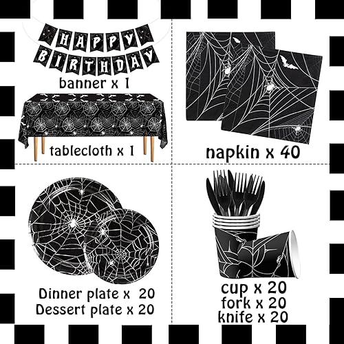 Miniatura 5 de Decoración de fiesta de Halloween, juegos de vajilla de telaraña negra, platos desechables de Halloween, vasos, servilletas para suministros de