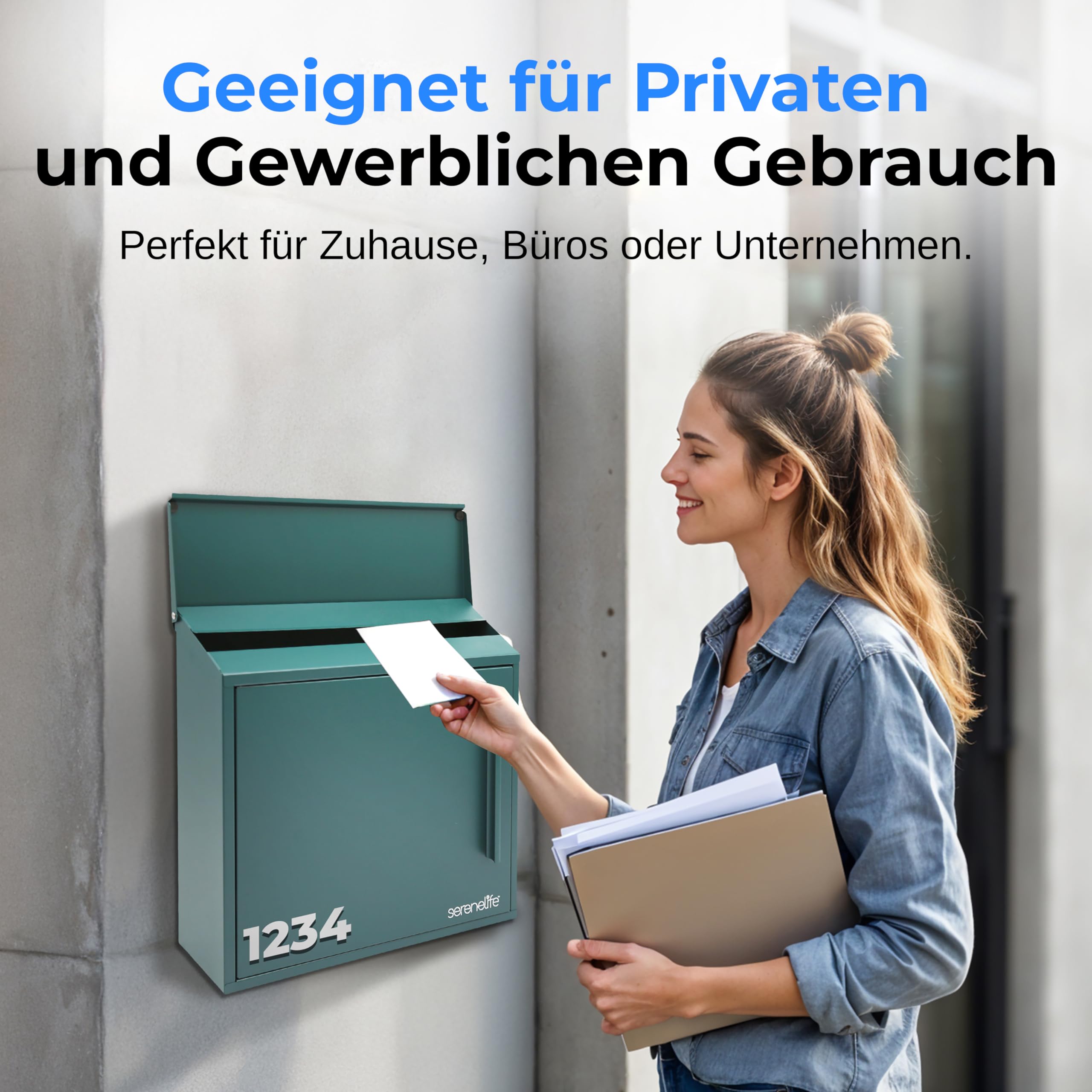 SereneLife Briefkasten, Postkasten- 21x33x35cm, Briefkasten ohne Zeitungsfach- Wetterfest & Rostbeständig inkl. Wandbriefkasten Inkl. Montagematerial & Hausnummern zum Aufkleben, 2 Schlüssel, Grün