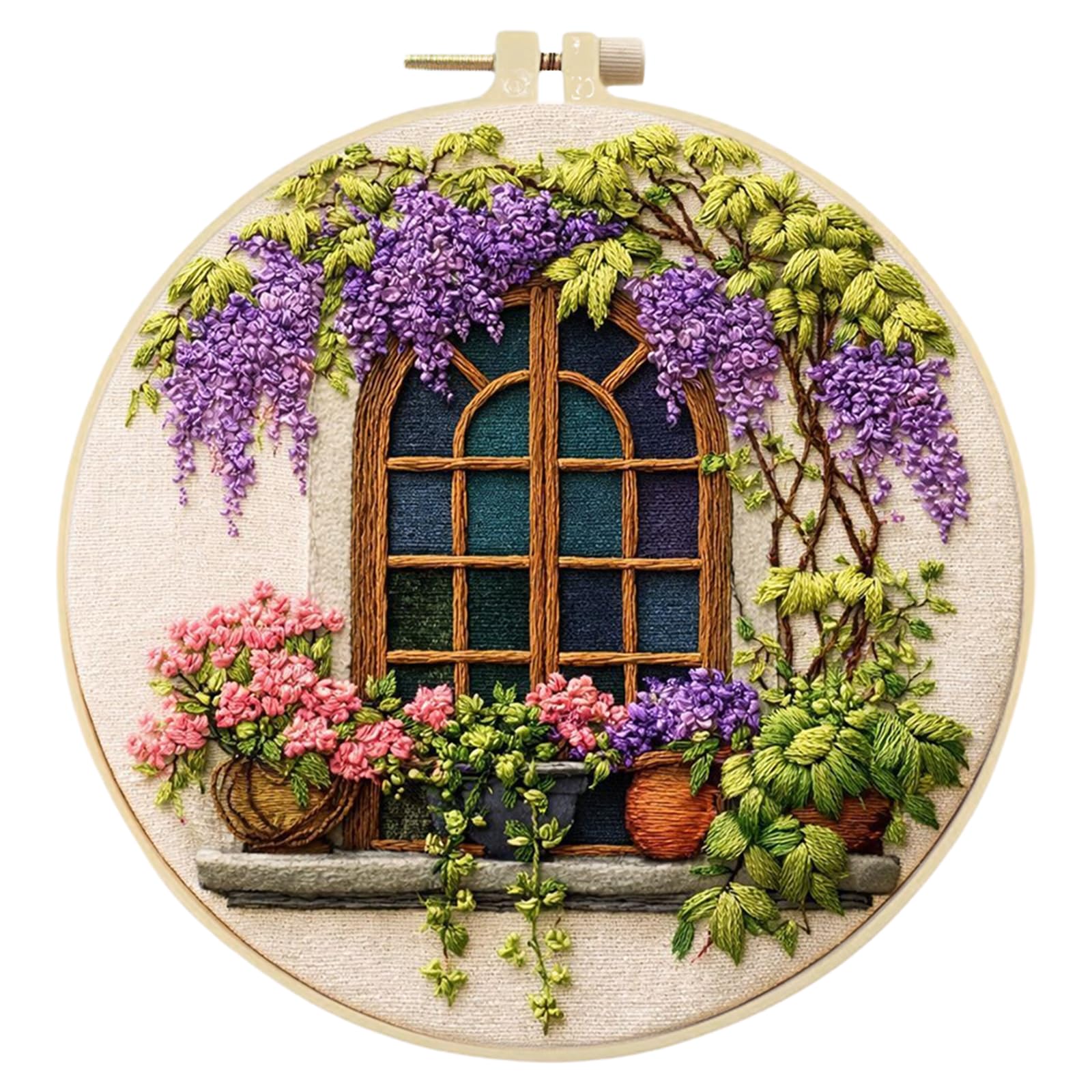 Embroidery Kit for Beginners, Stamped Cross Stitch Kits with Hoop, Threads, Needles &Tools, DIY Needlework Starter Set and Craft Gift for Adults 29 * 29CM(Windows and Flowers)