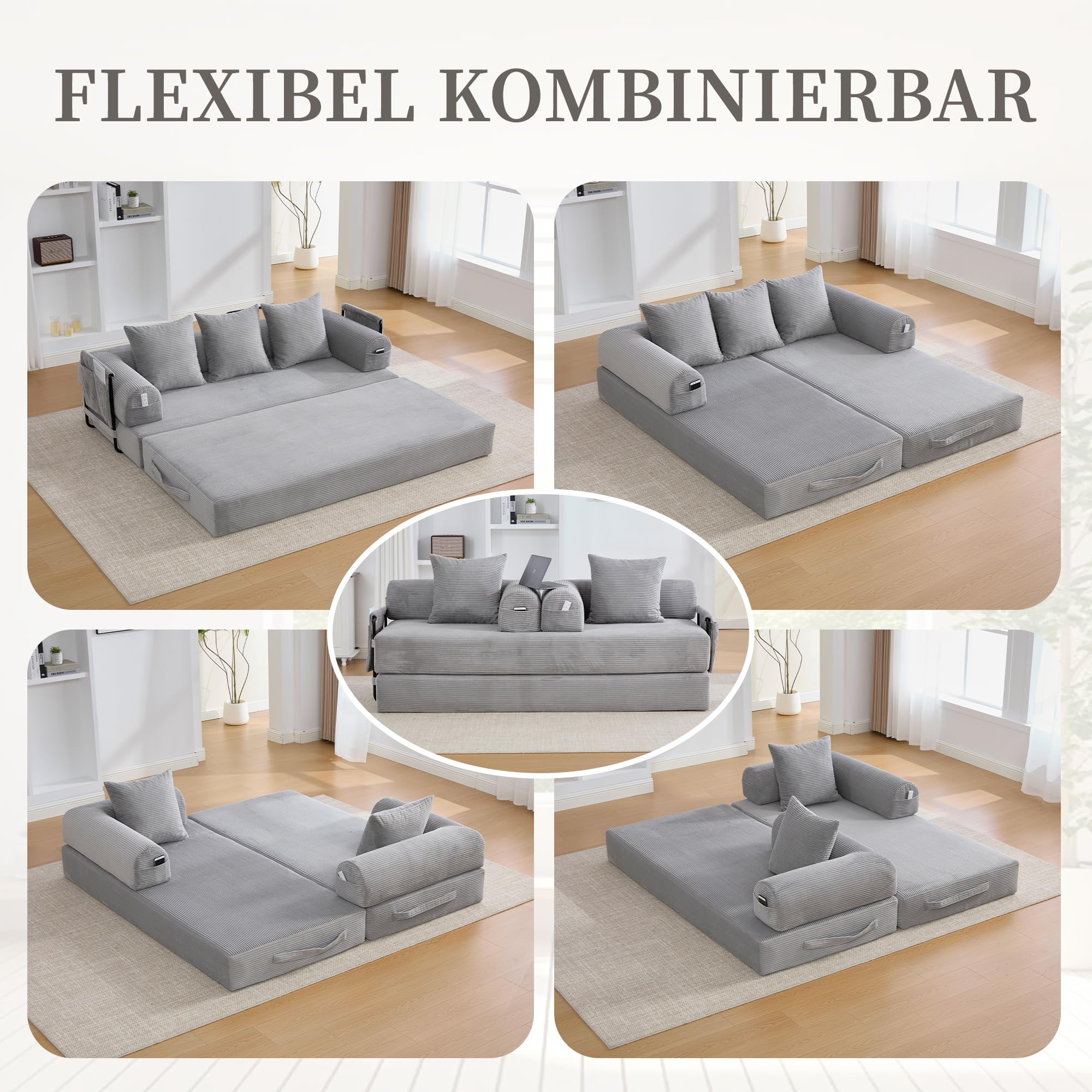 Sapgaks - Sofá convertible de 3 plazas con estructura de metal resistente, bolsillos laterales y 3 cojines, sofá modular de pana, se puede combinar libremente, sofá cama, gris claro