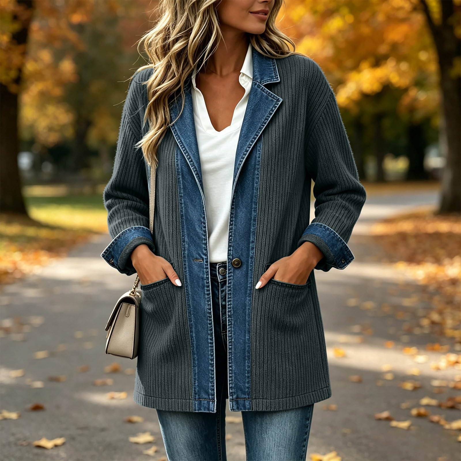 Damenmode Jacke Reverskragen Knöpfe Taschen Langarm Gestrickt Jeansstoff