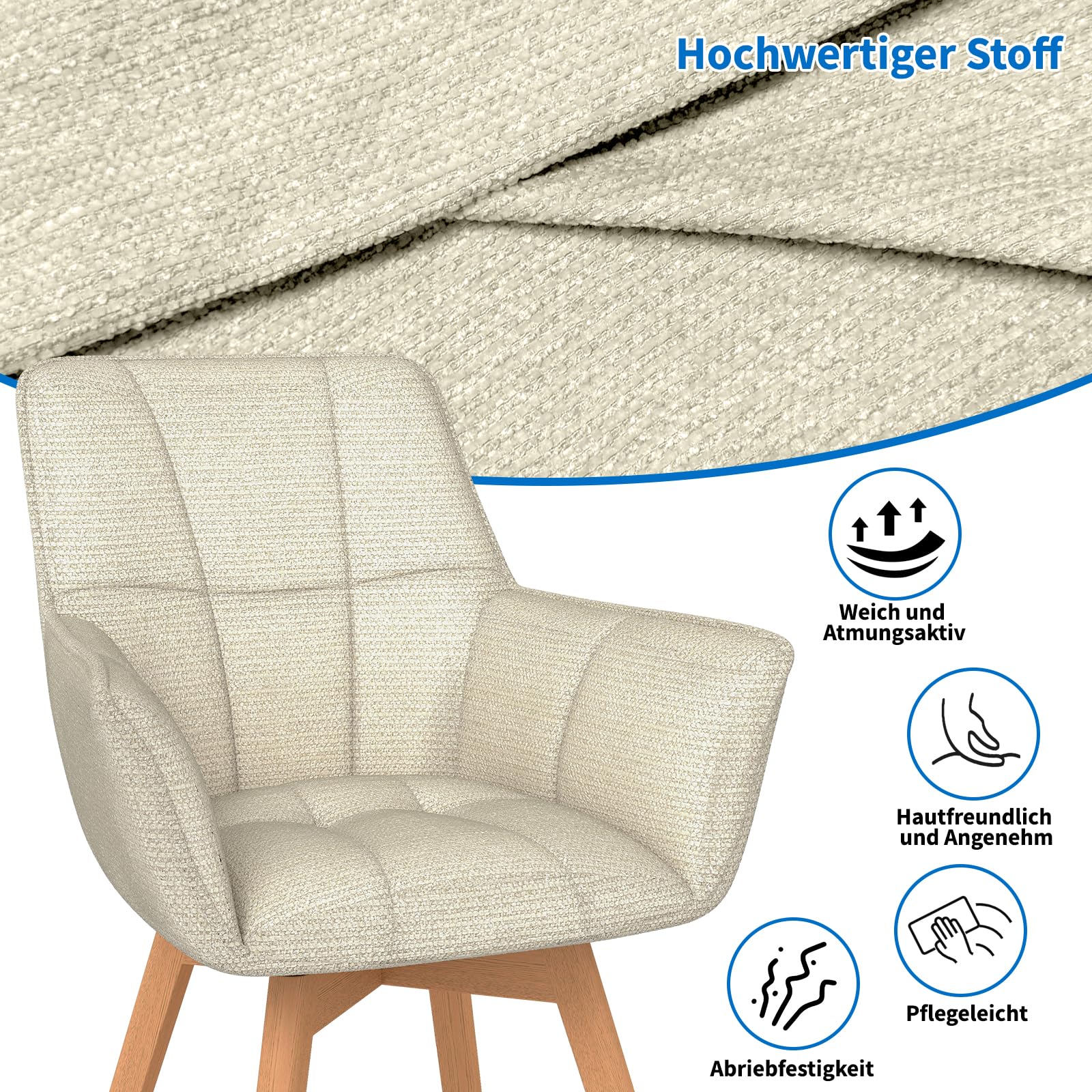 WAFTING 4er Set Drehbare Esszimmerstühle, 360° Drehstuhl mit Armlehnen Holzbeinen, Samtstoff Polsterstuhl für Esszimmer, Wohnzimmer, Küche, Schlafzimmer, Beige