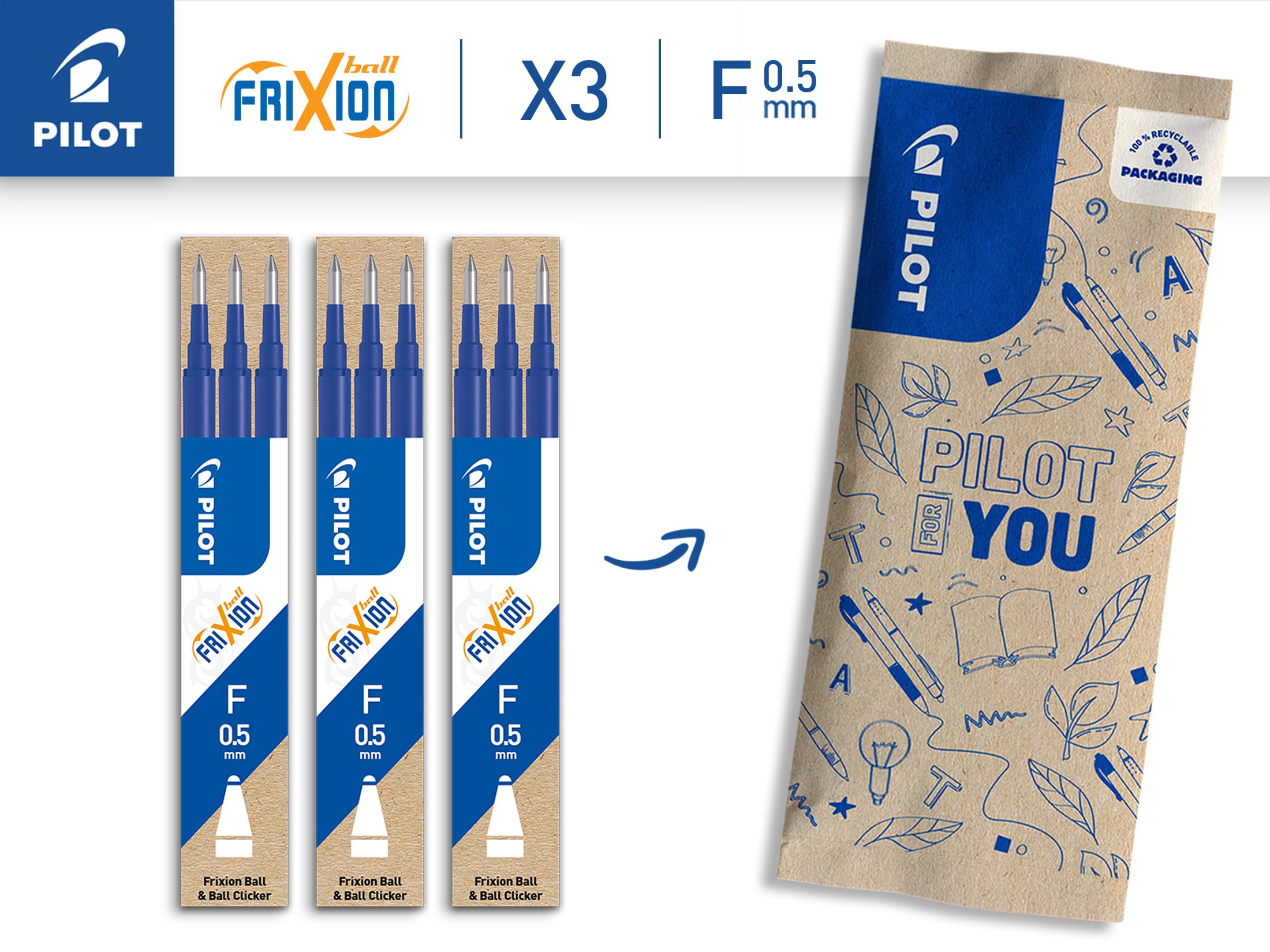 PILOT- Lot de 3 étuis de 3 recharges FriXion pour stylo effaçable. Compatibles FriXion Ball et FriXion Ball Clicker - Bleu - Pointe Fine