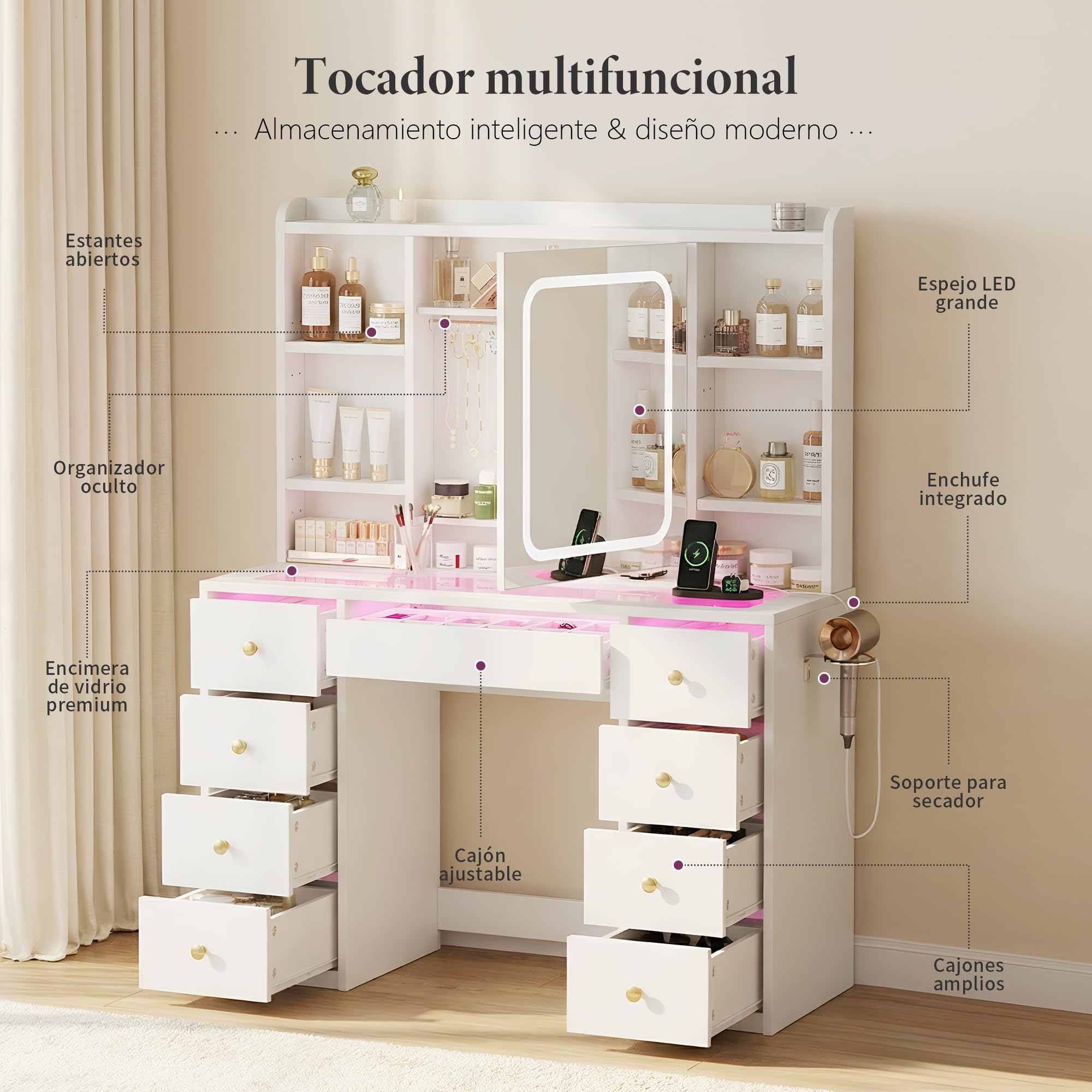 Heybly Tocador de Maquillaje con Espejo LED y Luz, Tocador Grande con Cajones y Cristal, Luces RGB, Enchufes y Puertos USB, Tocador Moderno Blanco para Dormitorio BDT001WT