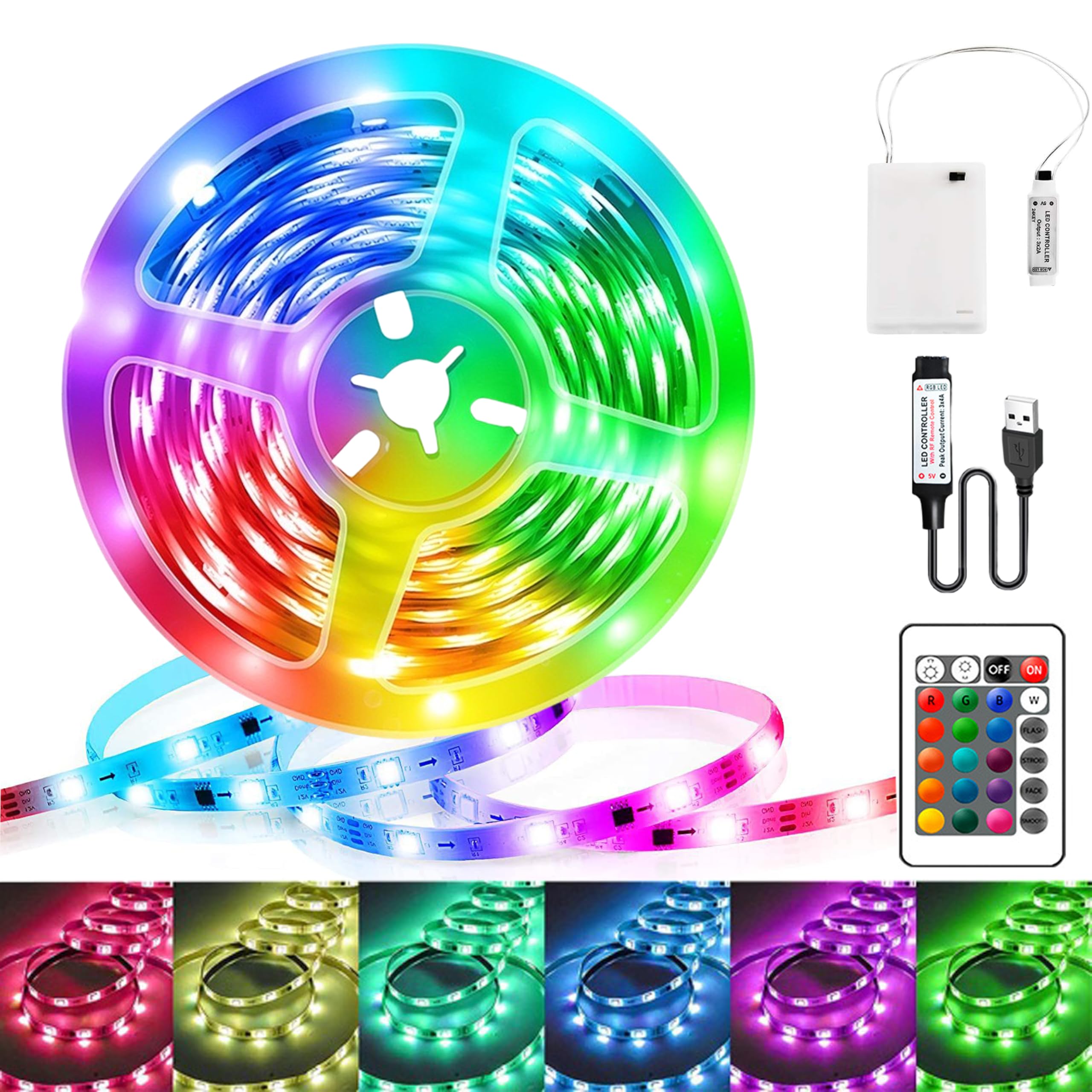 LED Streifen Batterie, 5M RGB 5050 LED Strip Batteriebetrieben oder USB Betrieben, Fernbedienung Dimmbar 16 Farben Ledband Selbstklebend für TV Hintergrundbeleuchtung Deko, Zuhause PartyDeko
