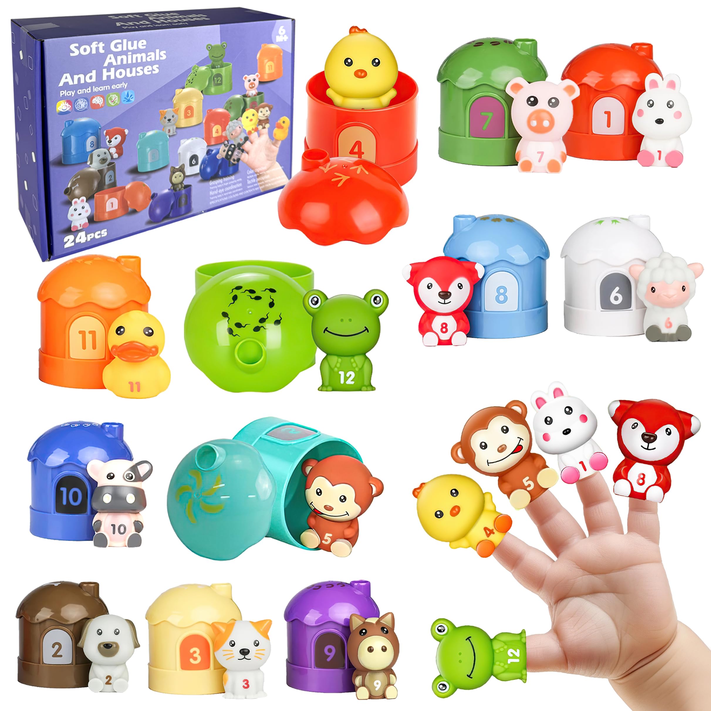 xwin sportseries Montessori Animal Number Sorting Toy, 24-Piece Finger Puppets & Barns Set, Toddler Educational Gift for Color Recognition, Fine Motor Skills 1-3 Years