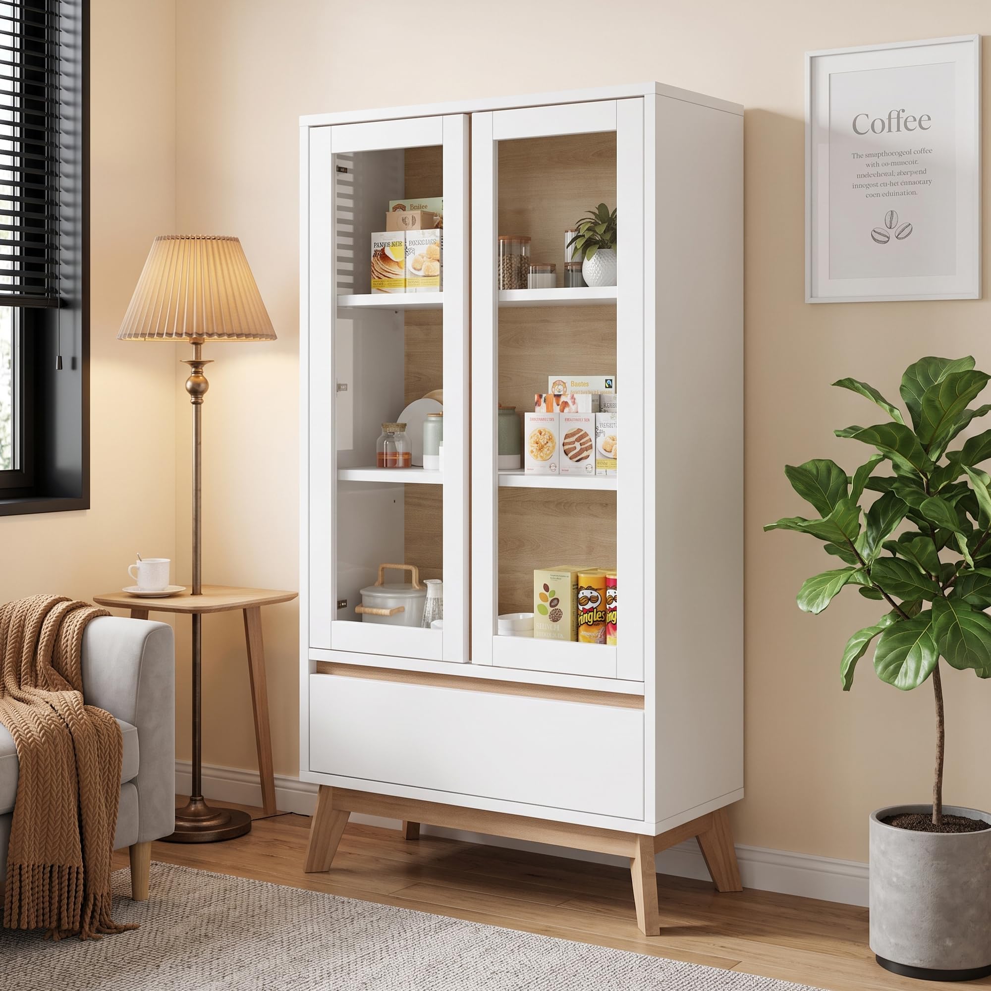 Armadi da cucina, dispensa, credenza, adatto per piccoli spazi in sala da pranzo o soggiorno, con ripiani regolabili, bianco + legno