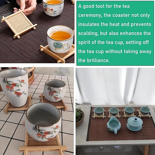 Miniatura 3 de Juego de té Gongfu, 6 posavasos de bambú para tazas de té de vidrio, posavasos de madera para tazas de té de vidrio pequeñas, tazas de té de