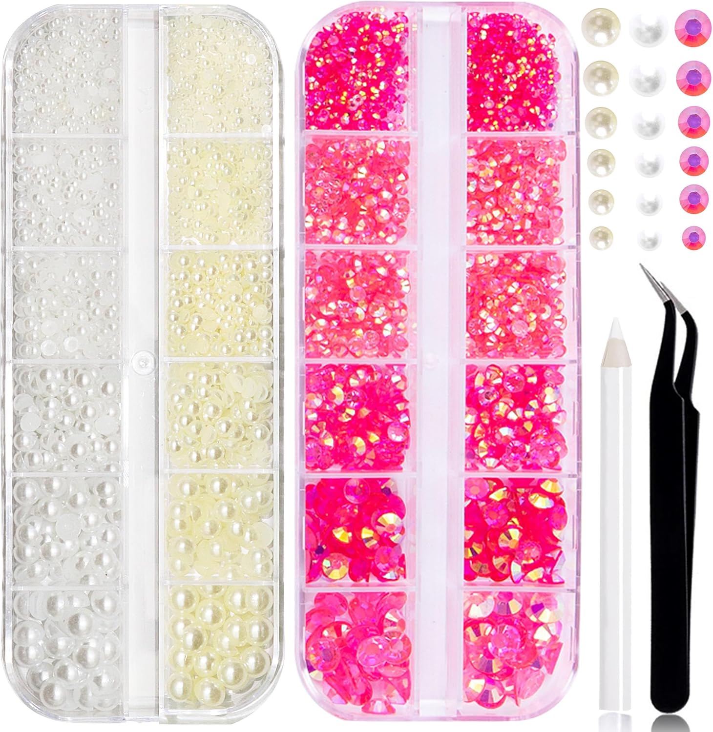 WHITE AND BLUE RODAKY 2 Boxes Flatback Pearls and Rhinestones for Crafting,Mix Size Clear blue Resin Rhinestones for Nail Gems Bedazzling,White & Beige Half Pearl for Nail Jewelry DIY Crafts Nail Art Decoration 03 Pearl + Rhinestone Rose Red