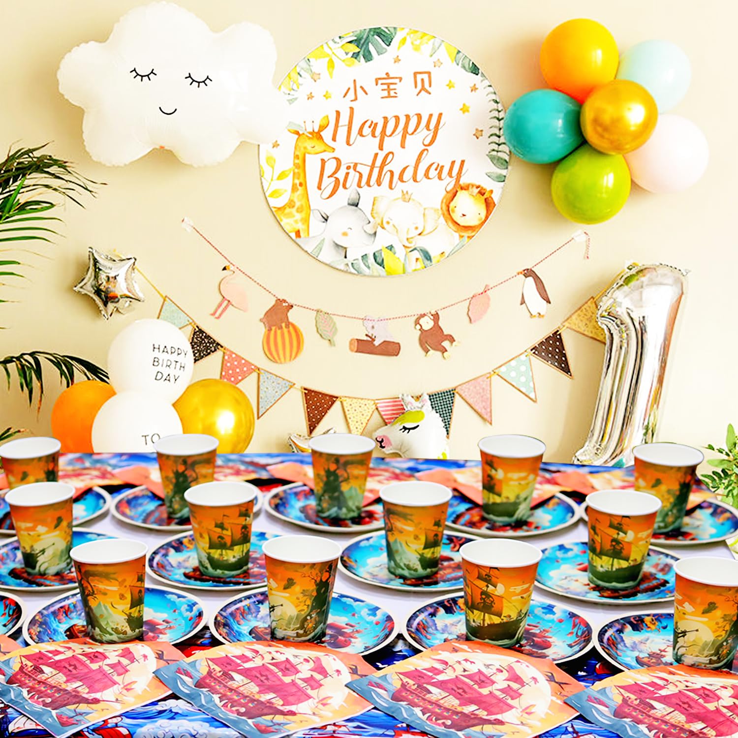 Compleanno Pirata Stoviglie,61 Pezzi Stoviglie Pirata per Feste,Feste Decorazione per Tema Pirata,Kit Compleanno Pirata conTazza,PiattoTovaglioli,Tovaglia per 20 Ospiti
