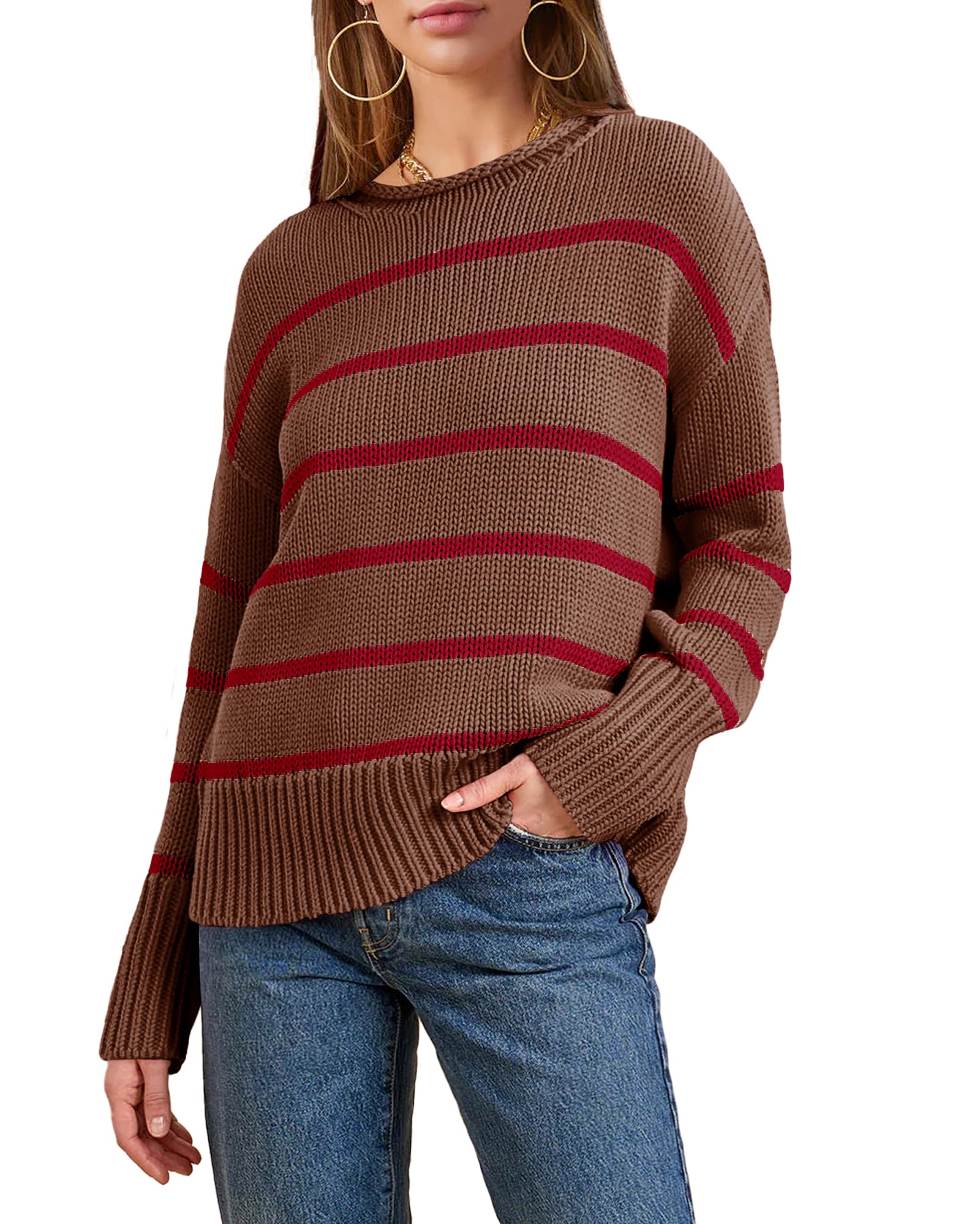 Womens 2026 Fall Roll Neck Pullover Sweaters Trendy Long Sleeve Ribbed Knit Striped Jumper Tops