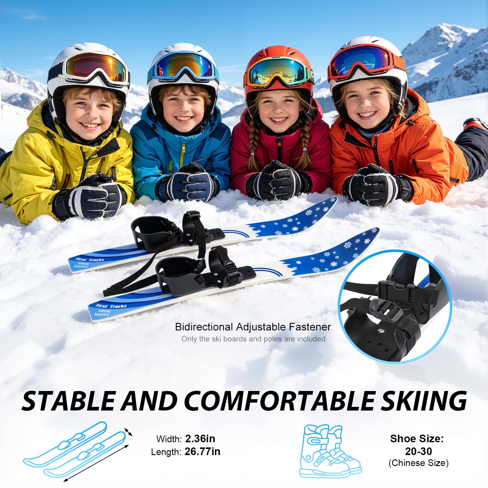 Kinder Ski Set Anfänger Skier 68cm Doppelspitz Ski Mit Stöcken Verstellbare Bindung 50kg Belastbar Leichtgewicht 1.7kg ABS Schnee Ski Ausrüstung