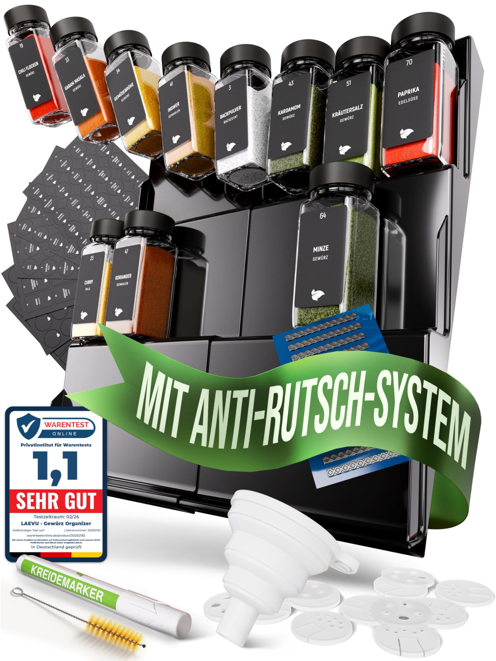 LAEVU Gewürzregal Schublade mit Gläsern | Gewürz Organizer Schublade inkl. 24 Gewürzgläsern Eckig mit schwarzem Deckel | Etiketten für Gewürze & mehr | Ausziehbarer Gewürzeinsatz für deine Schublade