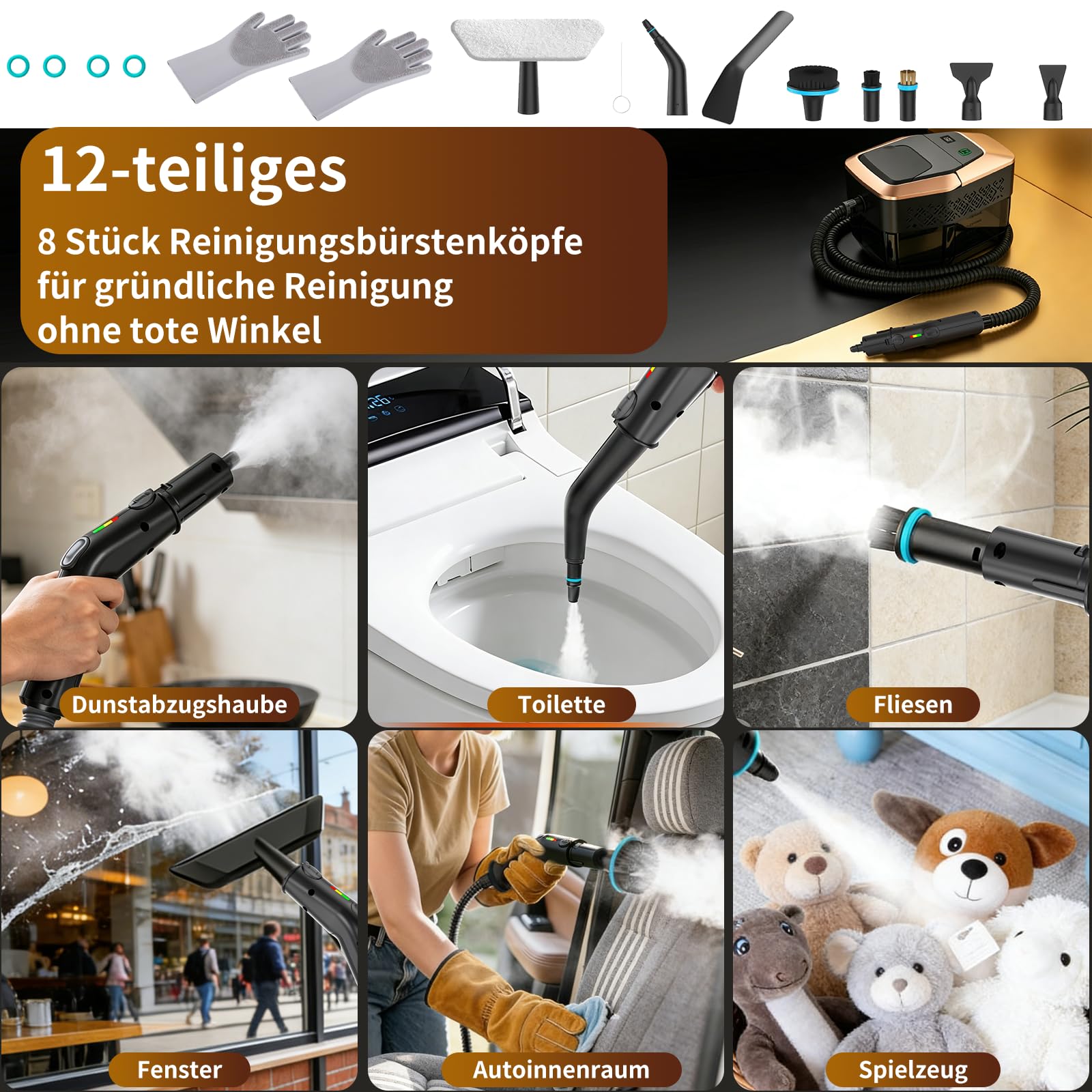 Dampfreiniger Handgerät, 2500W Handdampfreiniger mit Stufengriff, 8 Düsen, 1,8L Tank, 3 Dampfstufen, 4 BAR Hochdruck, 15S Heizzeit 105℃, Tragbarer Dampfreiniger für Auto Küche Bad Polster BBQ