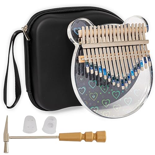Cute Bear Kalimba Thumb Piano 17 Keys Crystal Acrylic Finger Piano with 3D Hearts Portable Mbira Musical Instruments Christmas Gift with Tune Hammer & Study Instruction for Adults Beginners