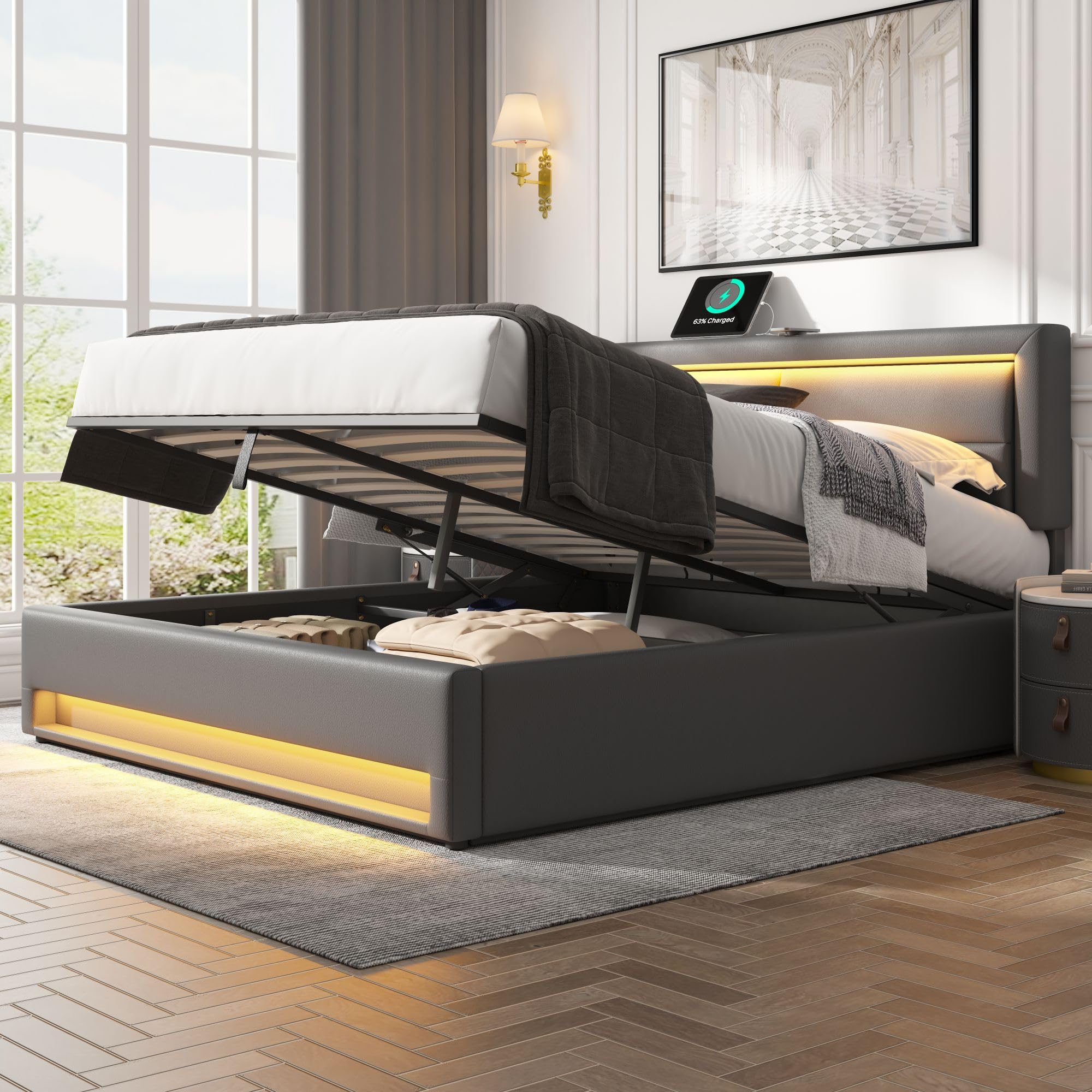 Letto contenitore matrimoniale imbottito, ricarica USB Type C, LED, lino, (140 x 200 cm, Beige, senza materasso