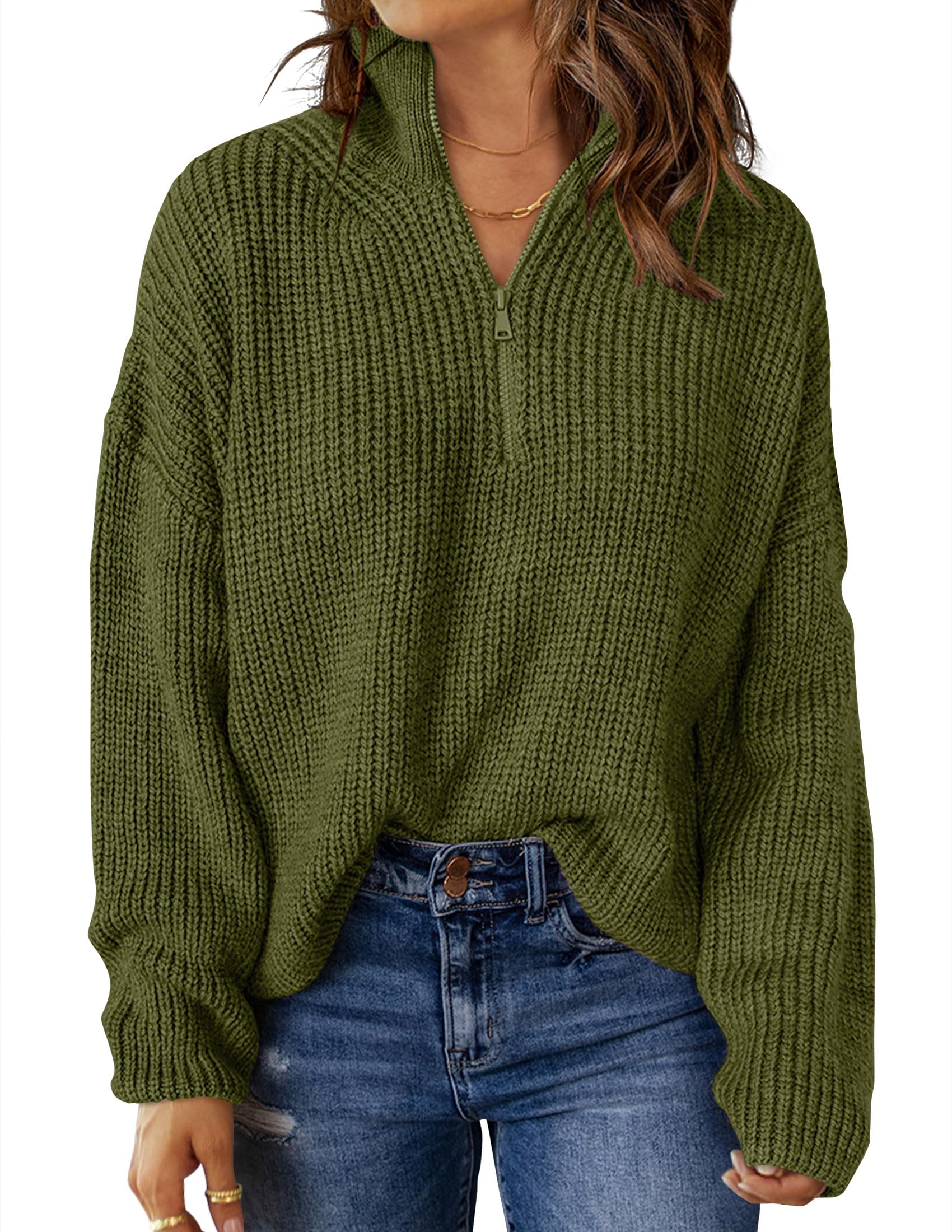 MEROKEETYWomen's 2025 Long Sleeve Chunky Knit Sweaters 1/4 Zip Polo V Neck Casual Pullover Tops