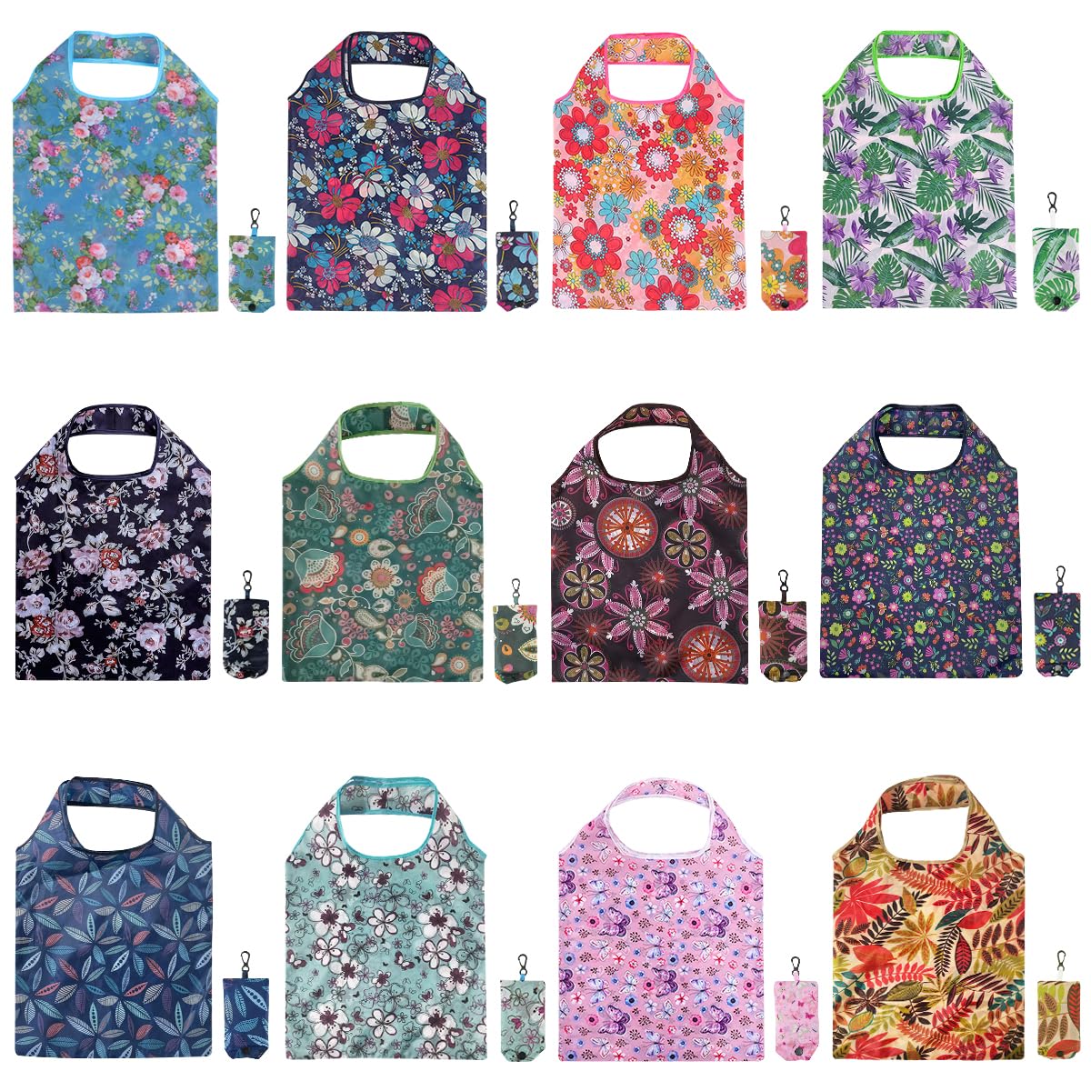 12 Pcs Reusable Floral Grocery Bags, Foldable Washable Fashion Shopping Bags, Portable Eco-friendly Tote Bag Gifts for Women, Cute Waterproof Flower