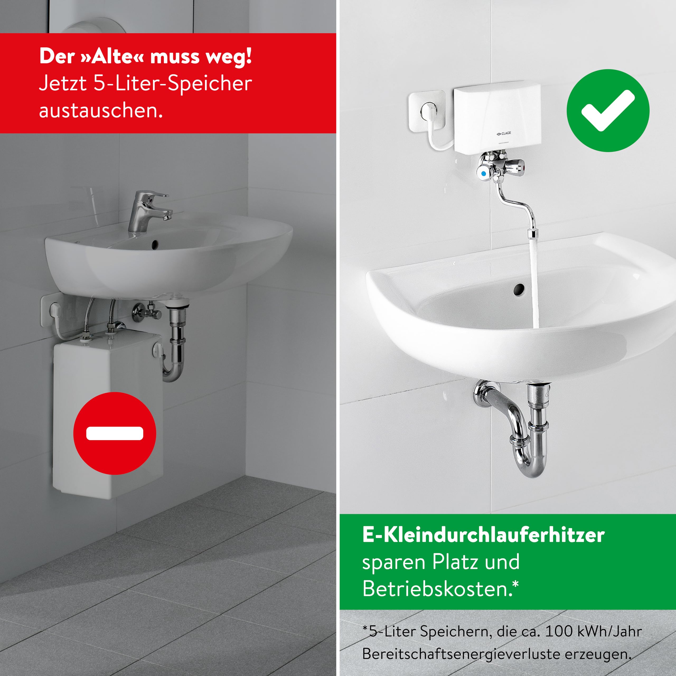 CLAGE M3/SMB hydraulischer Klein-Durchlauferhitzer im Set mit Zweigriff-Waschtischarmatur, Übertisch, 3,5 kW, mit Stecker, nur für drucklose Armaturen, VDE-GS geprüft, 1500-17103
