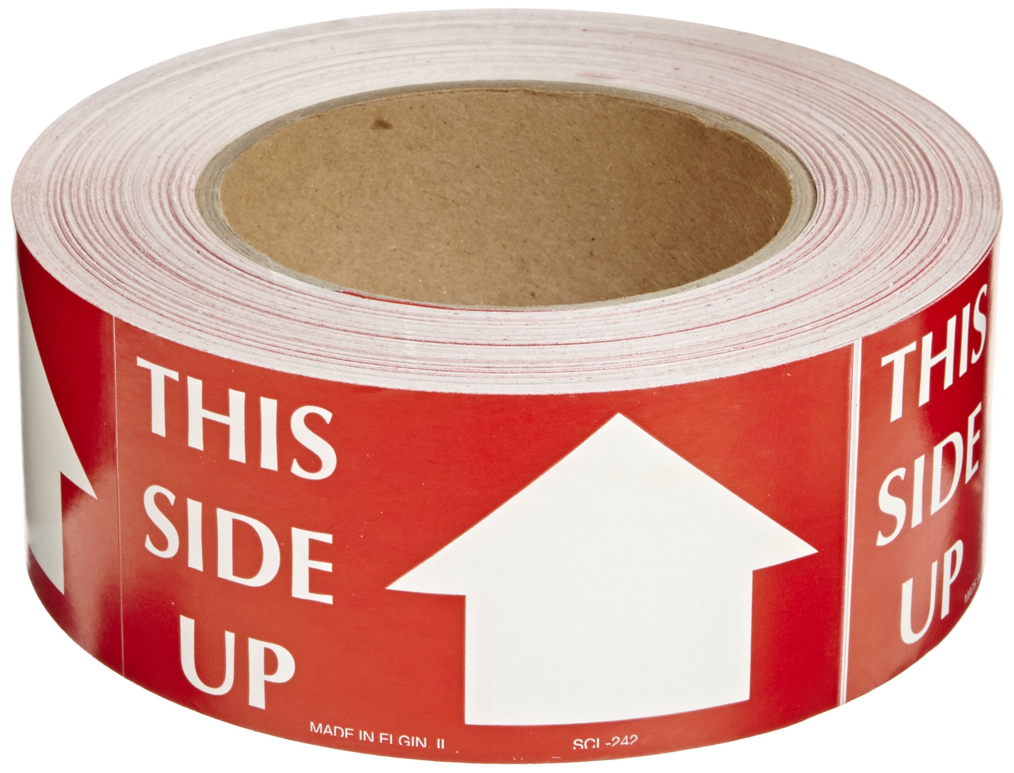 Polar Tech SCL242 Pressure Sensitive Permanent Adhesive Label, "THIS SIDE UP", 10.2cm Length x 5.1cm Width, White on Red (Roll of 500)