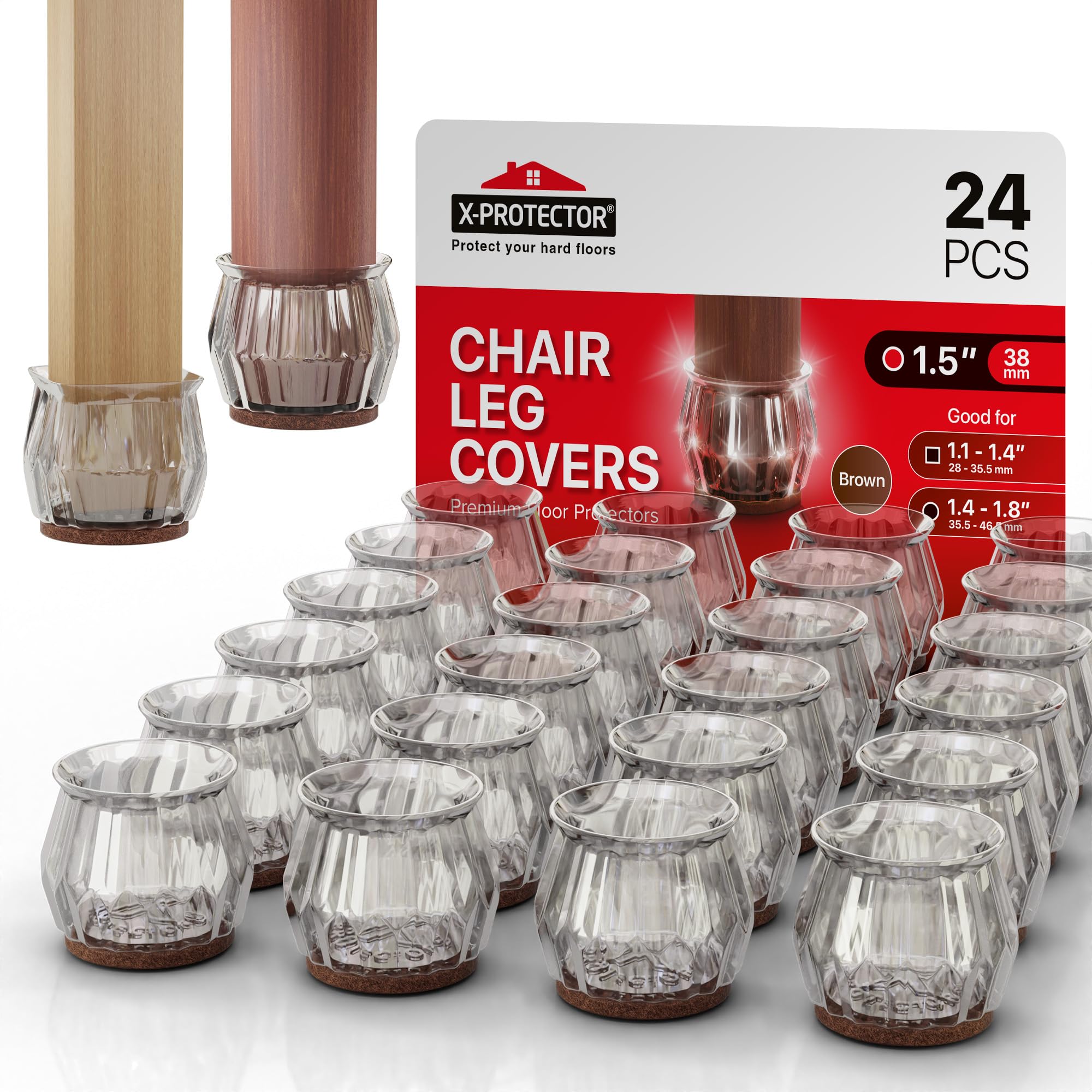 24 PCS Chair Leg Floor Protectors with Felt Pads X-Protector - 1.4" - 1.8" - Furniture Pads for Hardwood Floors - Clear Chair Pads - Floor Protectors for Chairs - Brown Chair Leg Covers!