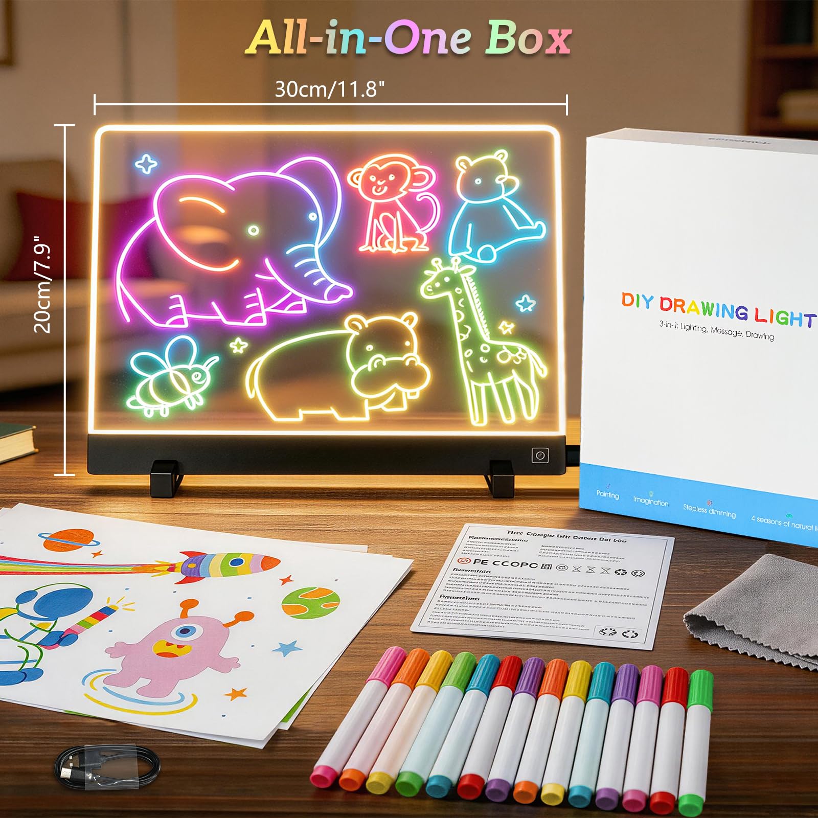 LED Zeichenbrett Tafel, 30x20cm LED Maltafel, Leuchttafel mit 7 Farben & 4 Lichtmodi, Notiztafel Schreibtafel mit 7 Farbmarker, Kreatives Geschenk für Zeichnen Memo Werbetafel