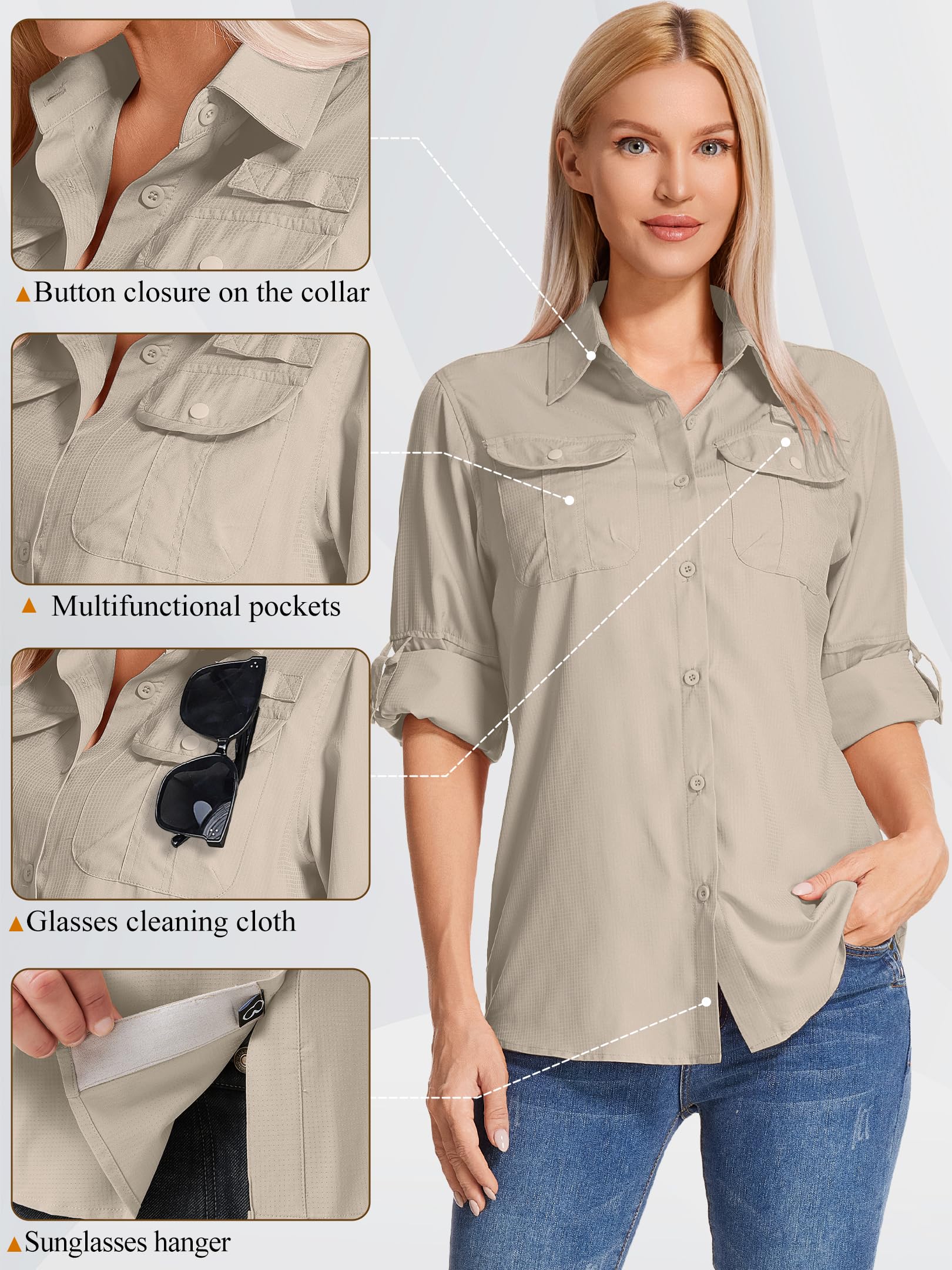 Camisa de Safari para Mujer Manga Larga - Tejido Transpirable y Secado rápido - Protección Solar UPF - Ideal para Pesca, Senderismo, Trekking, Acampada y Viajes - Ruta técnica Outdoor