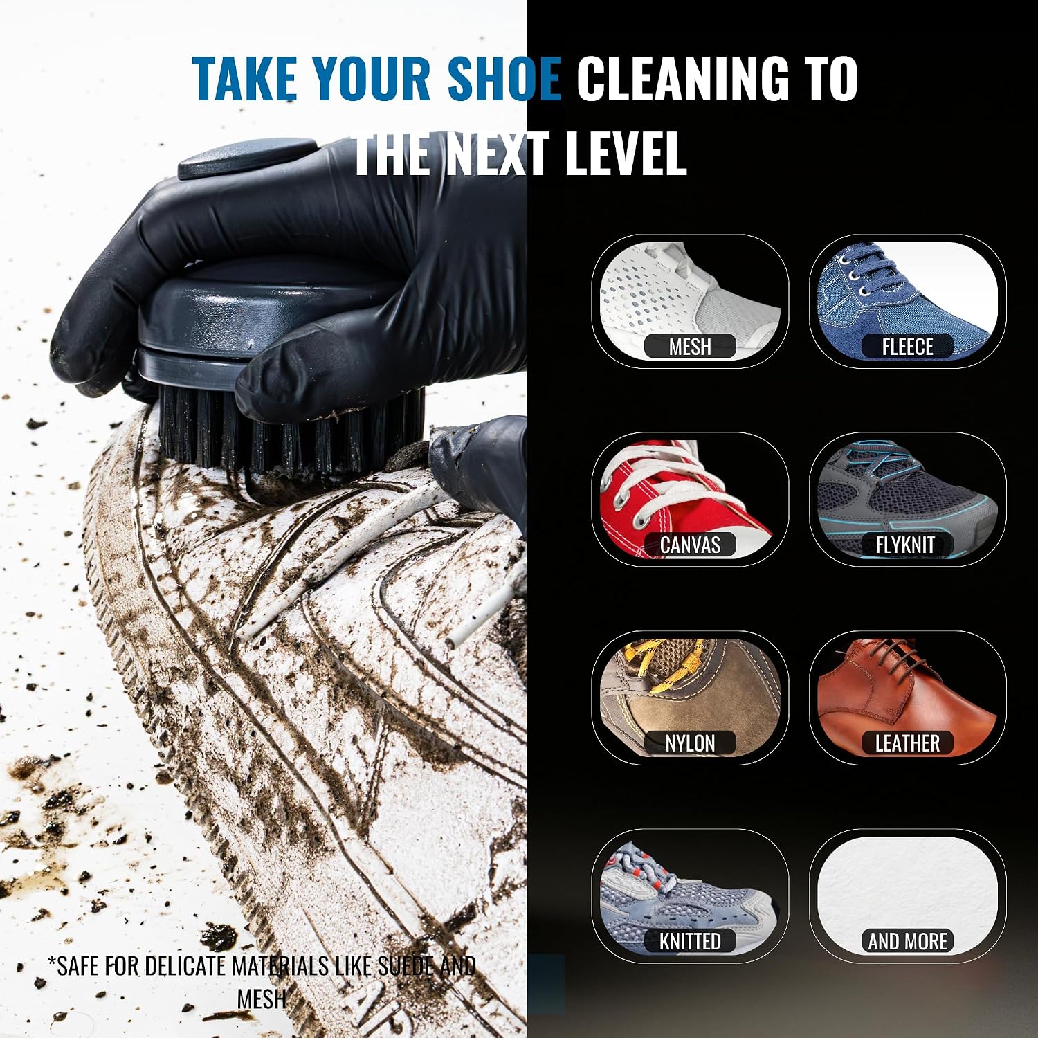 Shoe Cleaning Kit - 250ml Non-Toxic Shoe Cleaner for Leather, Suede, Canvas, Mesh & Boots - Includes 3 Shoe Cleaning Brushes with Handle, Suede Brush, 5 Wipes & Microfiber Cloth