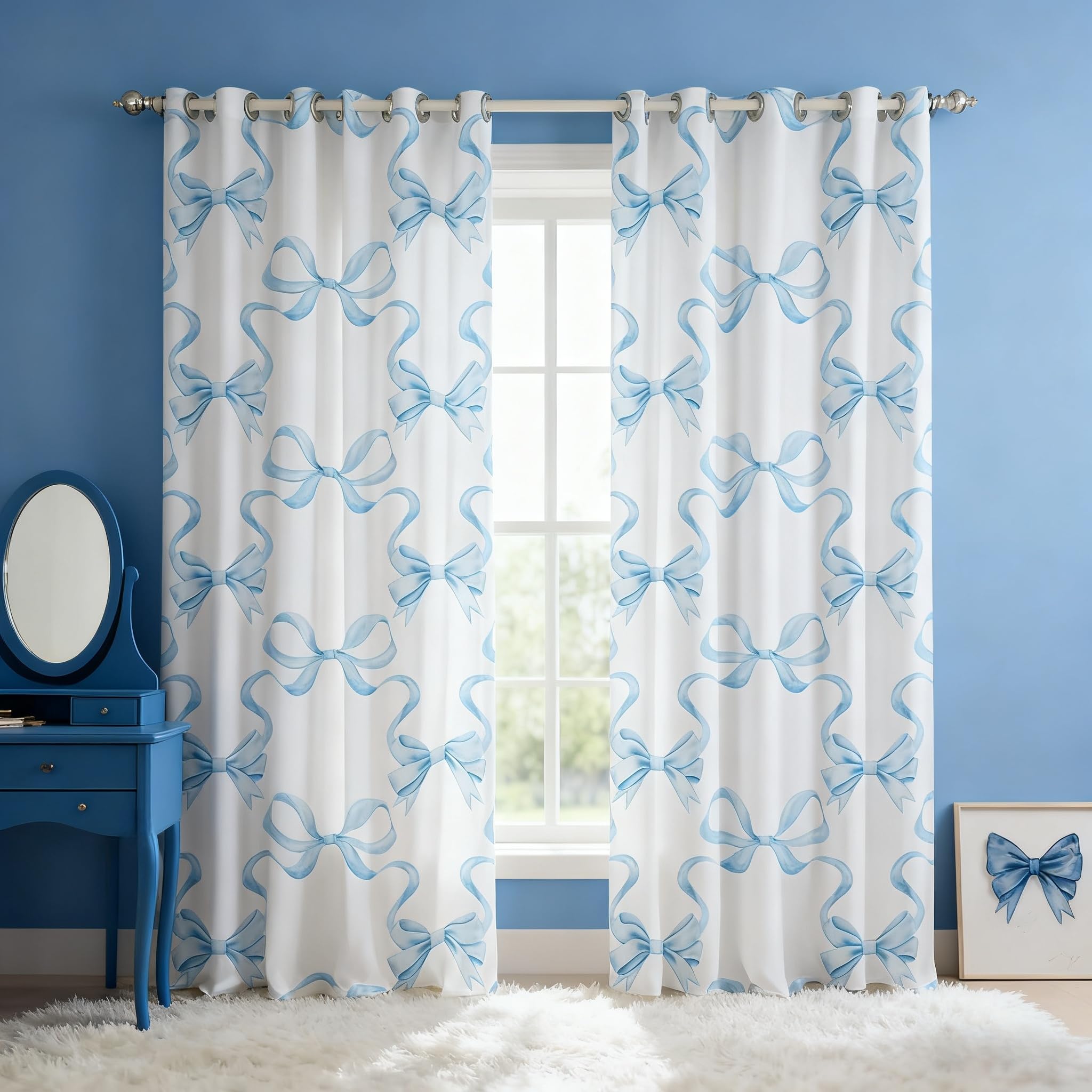 feelingyou Blue Bowknot Curtains for Windows,Princess Style Watercolor Bow-tie Curtains for Living Room,Fairy Tale Bow Ribbon Stripes Blue White Blackout Drapes 2 Panel Sets,66x72L - Image 3