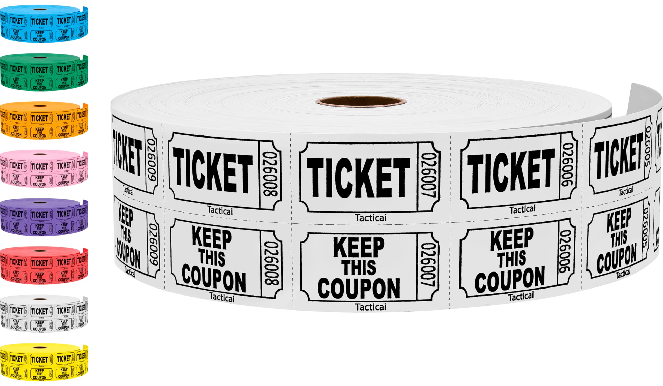 2000 Tacticai - Boletos para rifa, color blanco (selección de 8 colores), doble rollo, boletos para eventos, entrada, recompensa de clase, recaudación de fondos y premios