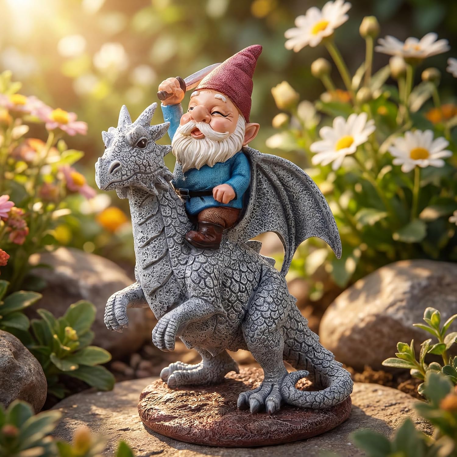 EXYGLO Gnome Garden Decor Statue, 9.7" Gnome Riding Dragon Outdoor Funny Decoration for Lawn, Patio, Yard, and Unique Housewarming, Birthday Ornament Gift for Boys, Friend, Family