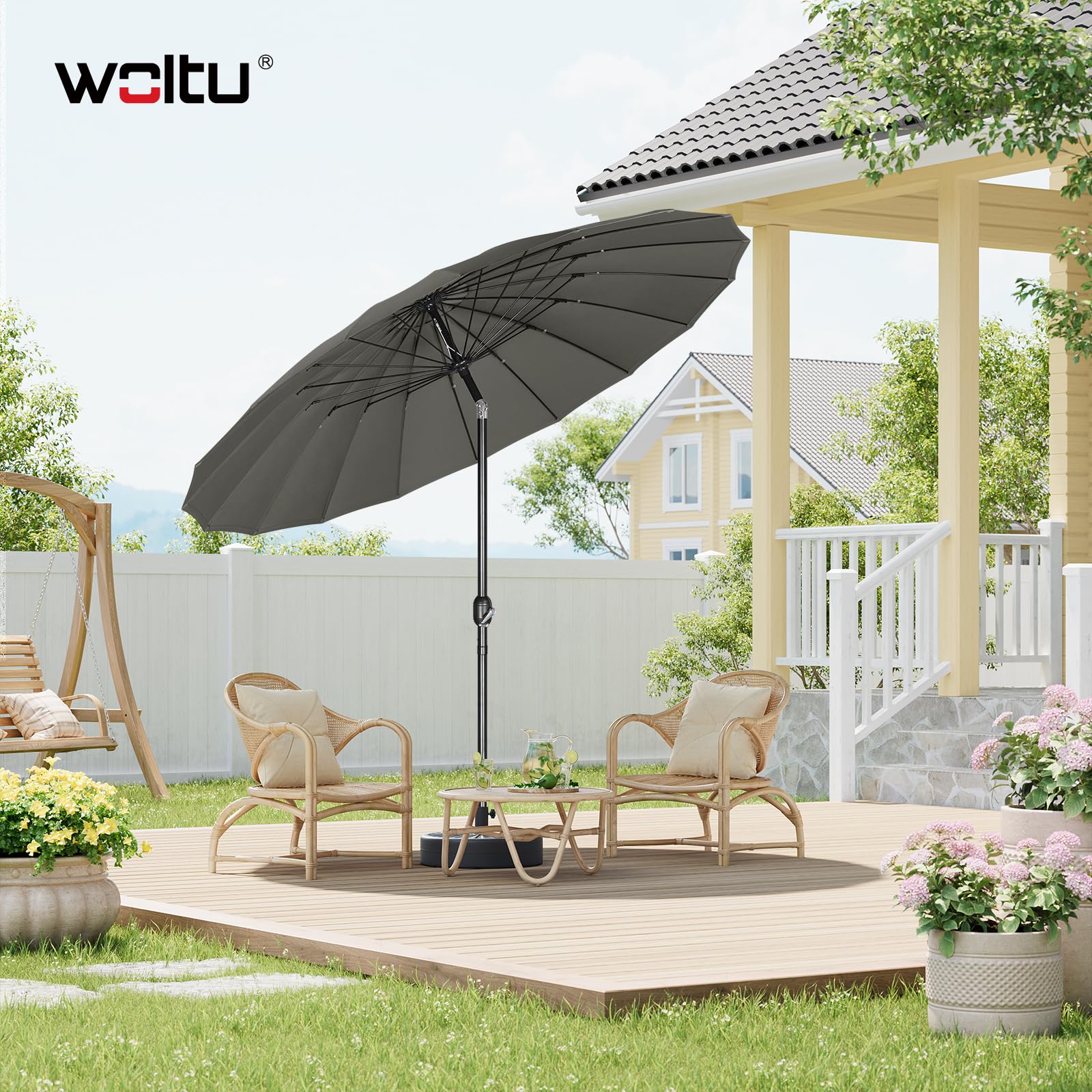 WOLTU Parasol przeciwsłoneczny Ø 257/273 cm, wychylany parasol ogrodowy z korbą, parasol balkonowy z 18 wspornikami z włókna szklanego, na taras, patio, basen, ciemnoszary