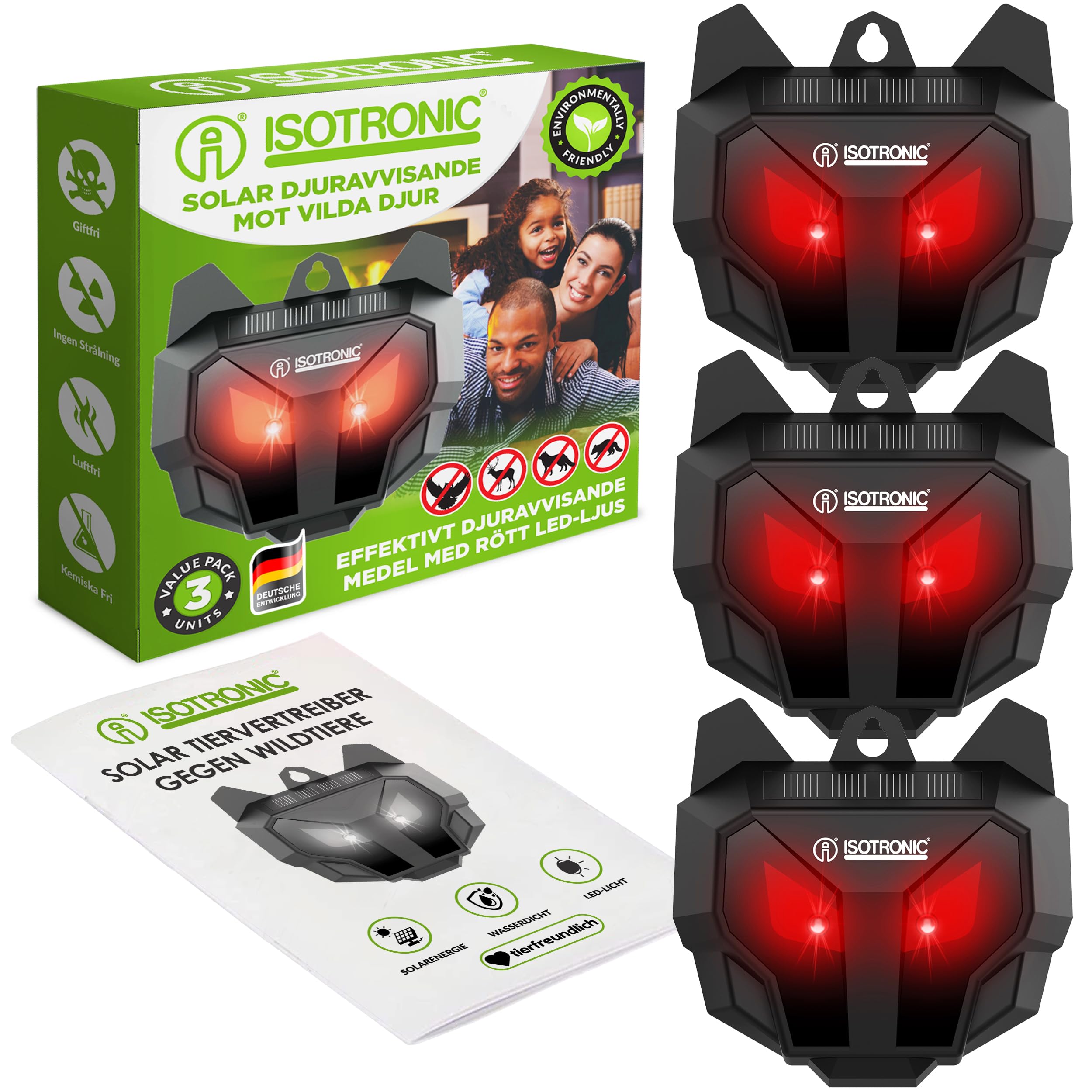 ISOTRONIC Repellente Solare Animali Selvatici LED Rosso, Dissuasore per Procioni Cervi Volpi Cinghiali, Raggio d'azione 40m², Deterrente Efficace Esterno e Giardino, Protezione Sicura (3 Unità)