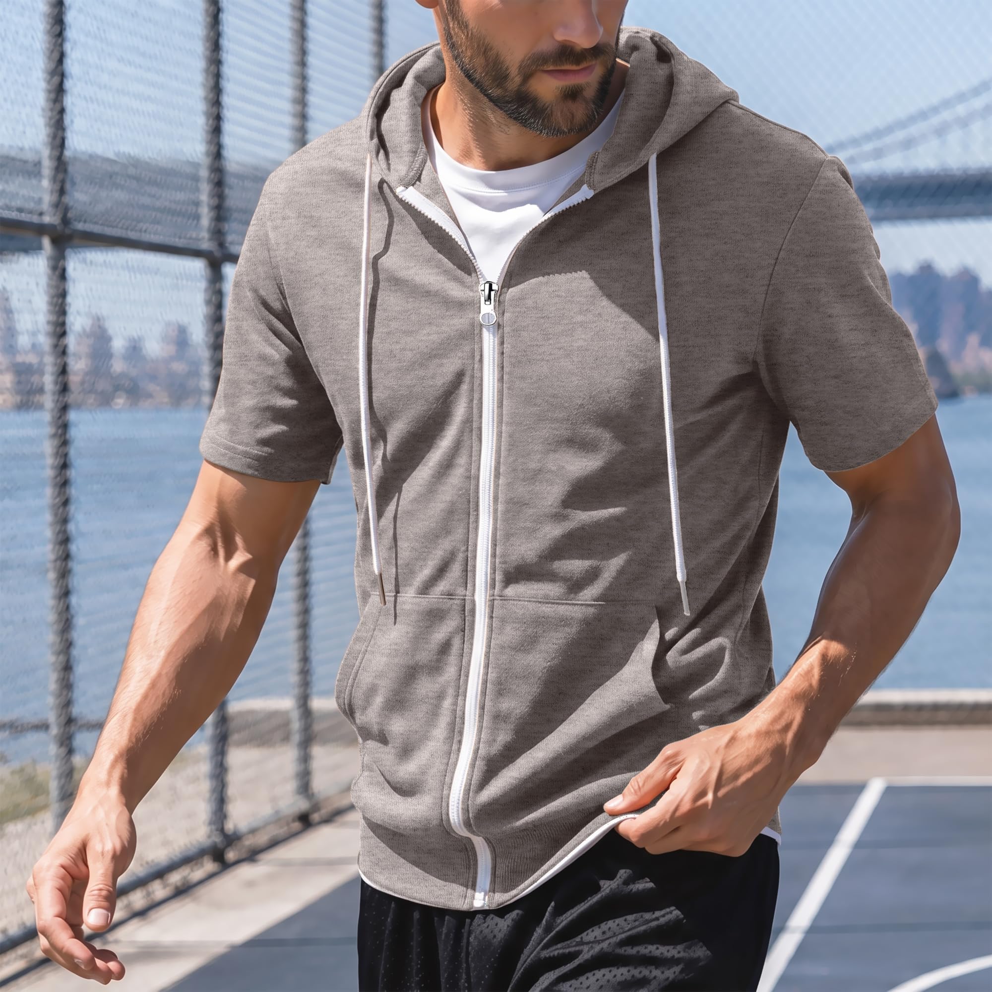 Ohoo Mens Slim Fit Zip up Hoodie Cotton Blend Soft Fabric Short Sleeve Lightweight Comfy Basic Jacket with Kanga Pocket product thumbnail 4