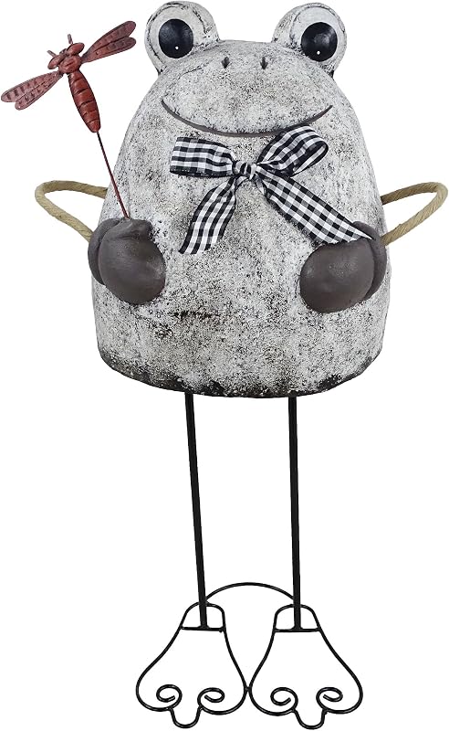Alpine Corporation MCC862 Indoor/Outdoor Frog with Dragonfly Garden Statue, Stone Finish Frog Statue for Yard, 24" H, Silver