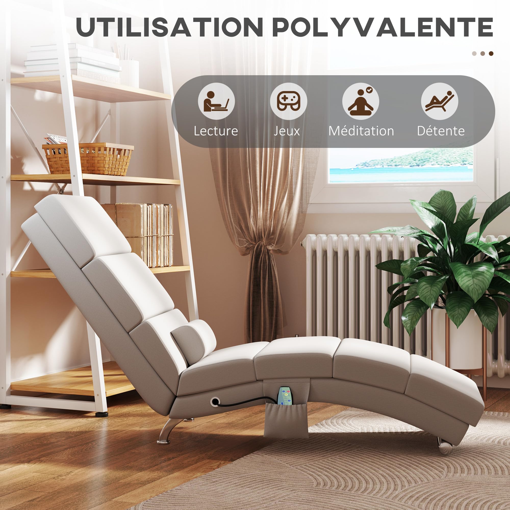 HOMCOM Sillón de Masaje y Calefacción Lounge Chaise Longue Reclinable con Mando a Distancia y Almohada para Dormitorio y Salón, Tejido Efecto Lino Crema | Meridienne, chaise longue de interior, almohada, mando a distancia, para dormitorio, sala de estar