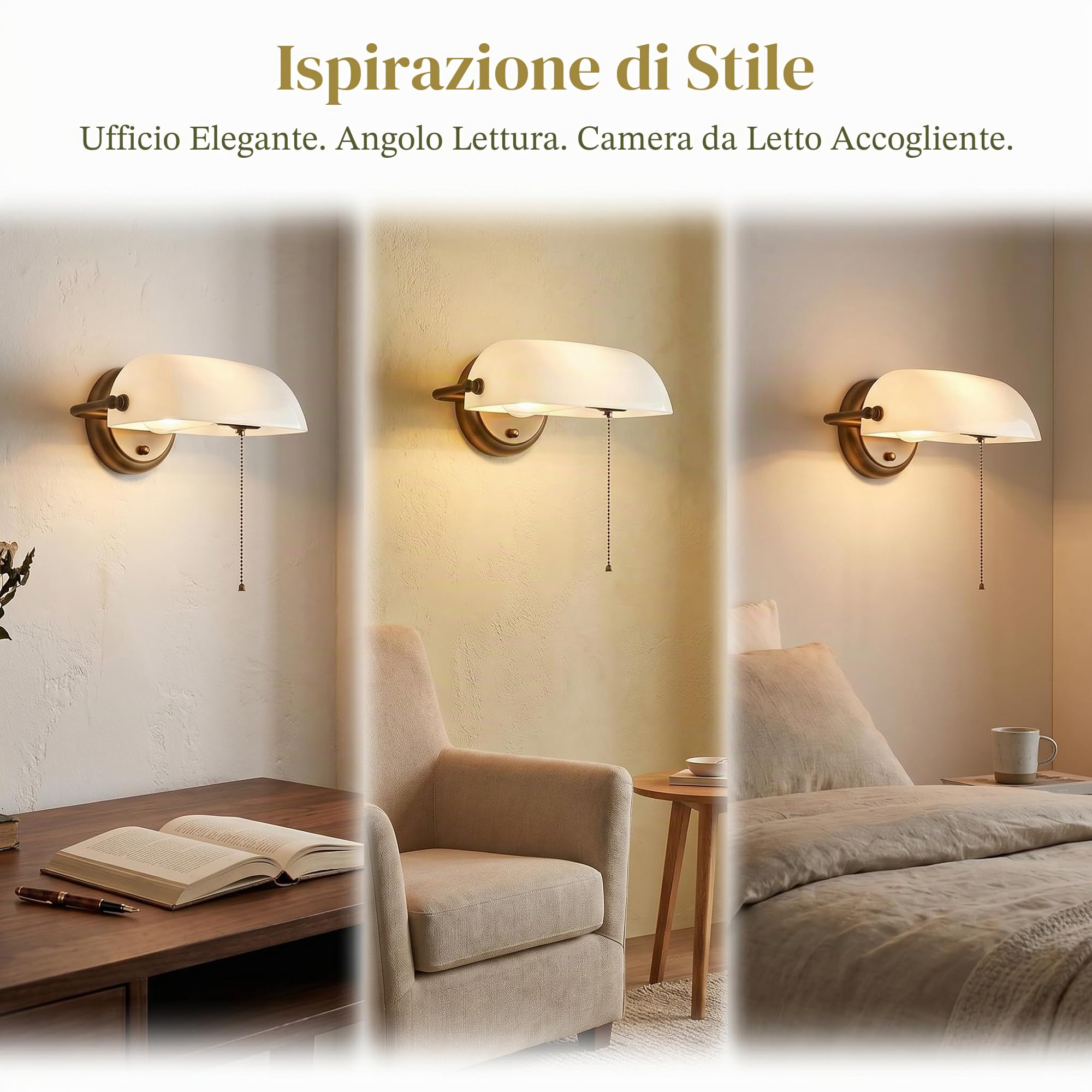 Applique da Parete Vintage “BANQUERO” con Paralume in Vetro Bianco, Base in Ottone Anticato, Paralume Orientabile, Interruttore a Catenella – Compatibile con Lampadina LED E27