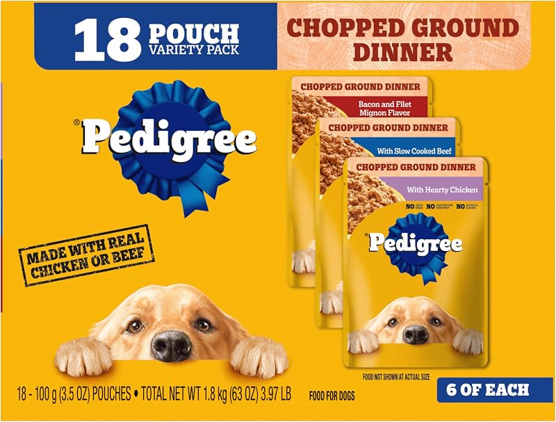 Pedigree Bolsa de comida húmeda para perros con cena picada, paquete variado, 3.5 oz, 18 unidades | Pollo, carne de res, tocino y filet mignon, sin azúcar agregada, sin saborizantes artificiales, servido como aderezo o comida completa, cocinado al vapor